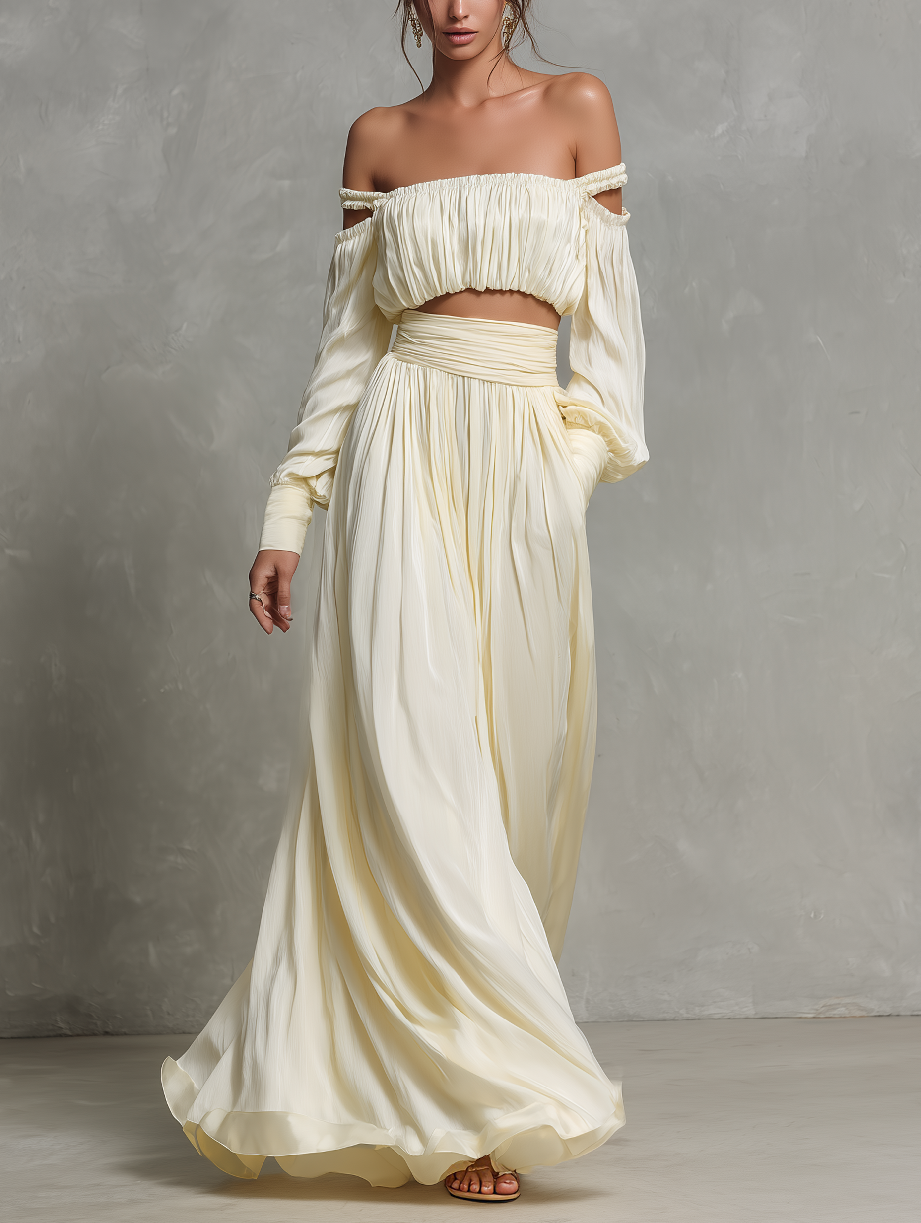 Women's Elegant Beige Chiffon Off-shoulder Long-sleeve Top And Skirt Set MDZ1638F1LXY
