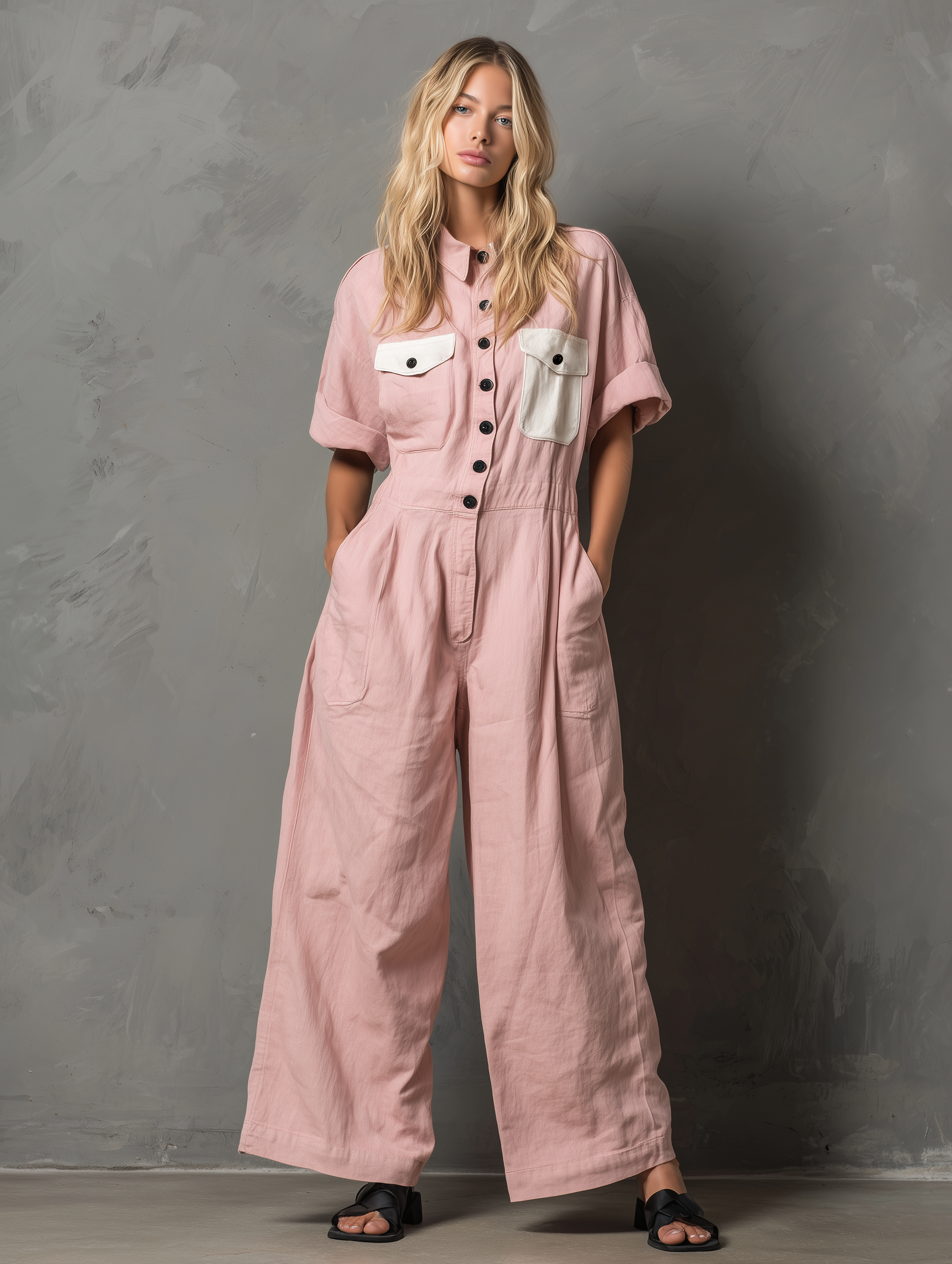 Women's Casual Pink Cotton-Linen Short-Sleeve Jumpsuit With Shirt Collar MDZ1637F2LXY