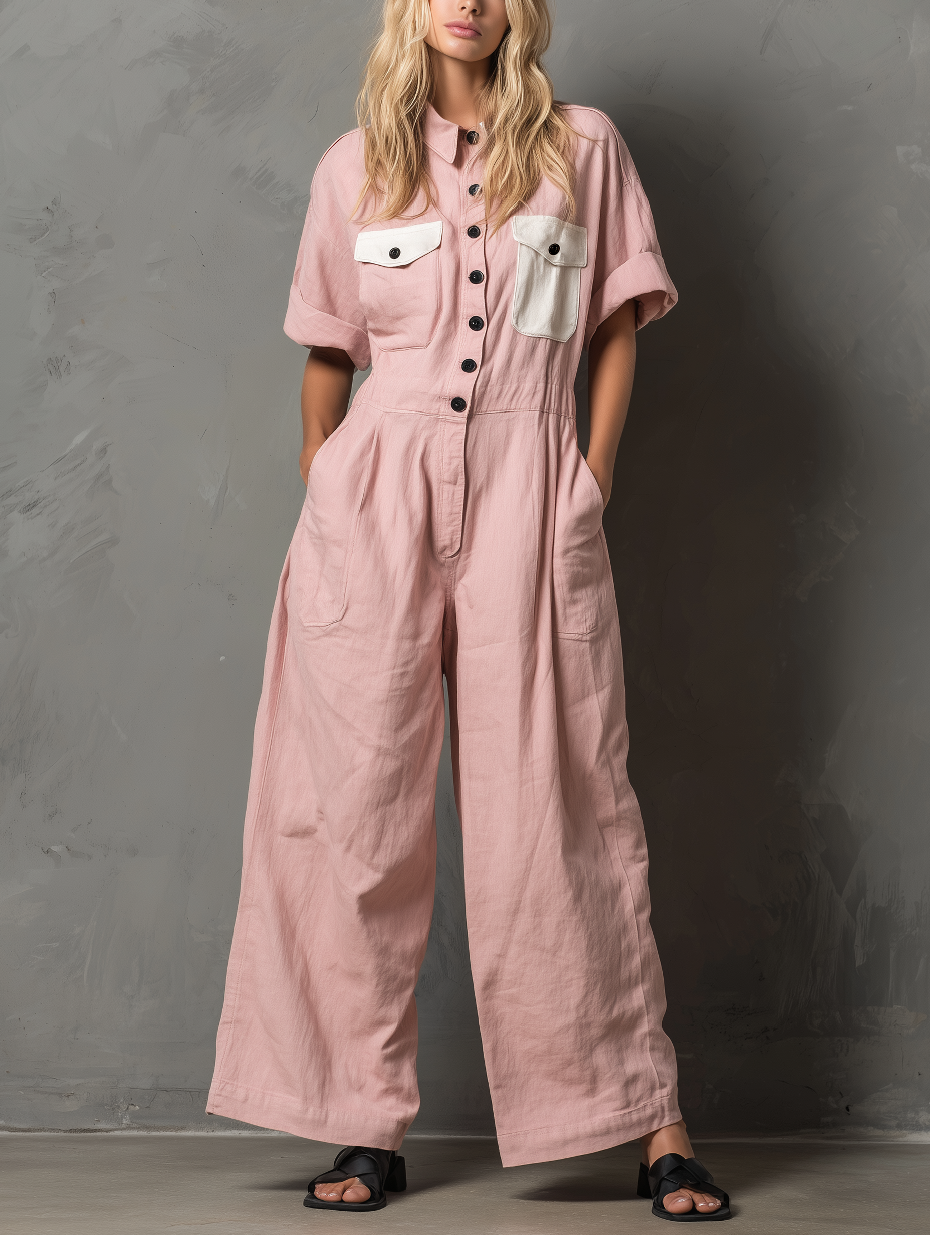 Women's Casual Pink Cotton-Linen Short-Sleeve Jumpsuit With Shirt Collar MDZ1637F2LXY