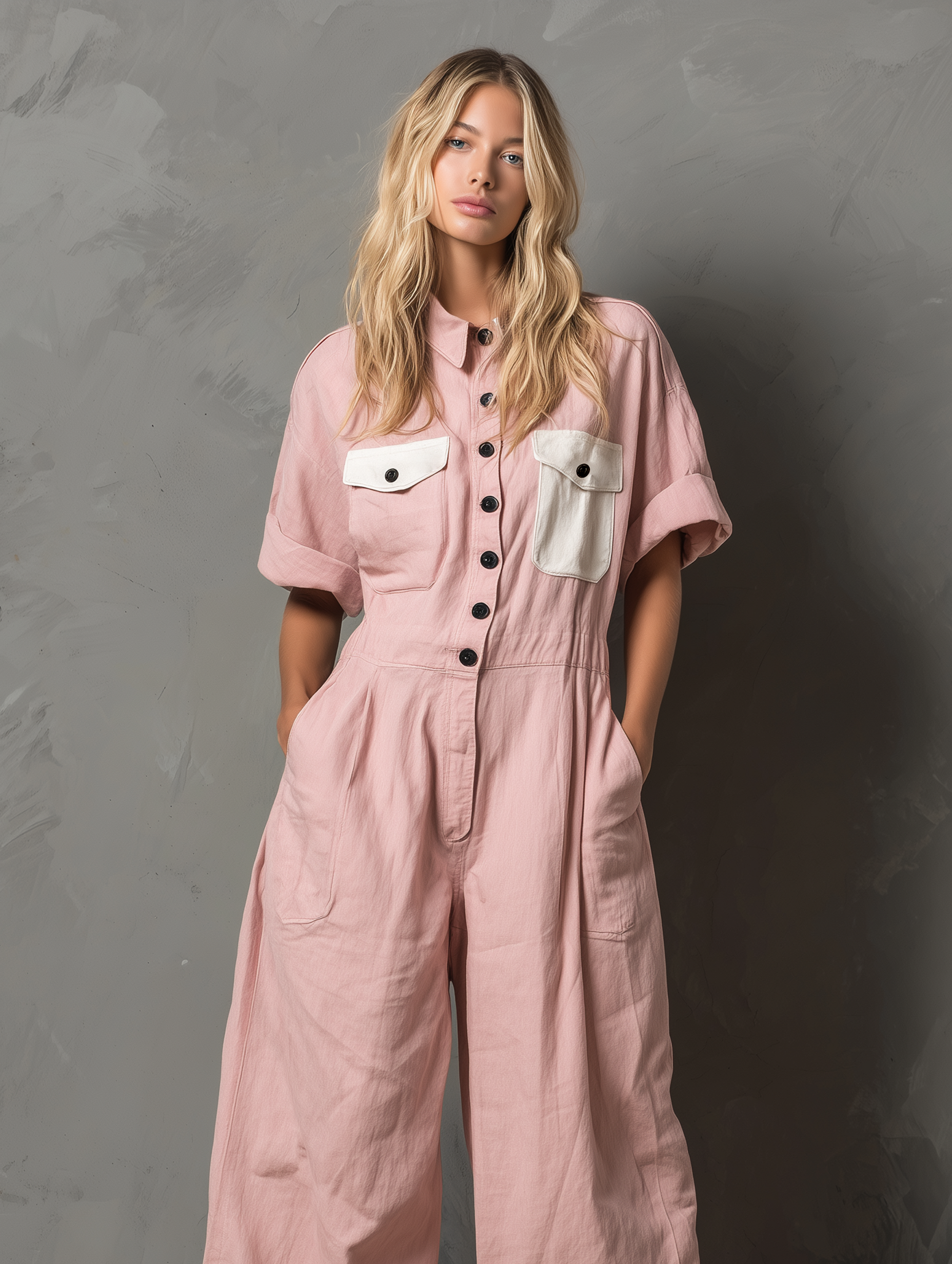 Women's Casual Pink Cotton-Linen Short-Sleeve Jumpsuit With Shirt Collar MDZ1637F2LXY