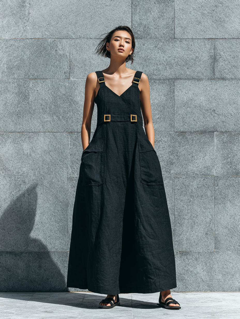 Women’s Black Linen V-Neck Wide Strap Midi Overall Dress With Gold Square Buckles & Cargo Patch Pockets MDZ1600F1T