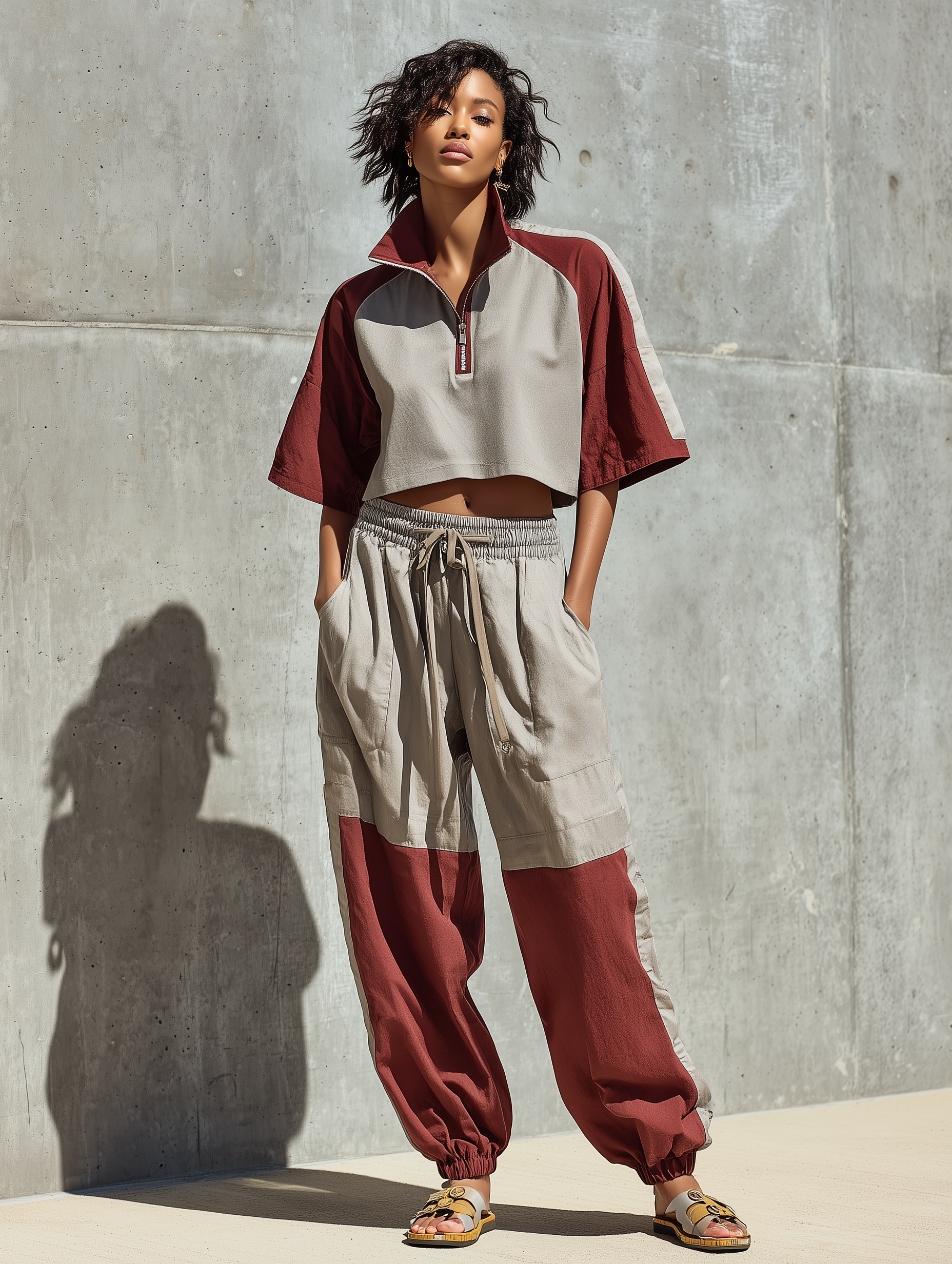 Women’s Gray Burgundy Color Block Half Zip Stand Collar Cropped Short Sleeve Top & Elastic Drawstring Jogger Pants Two-Piece Set MDZ1628F7T