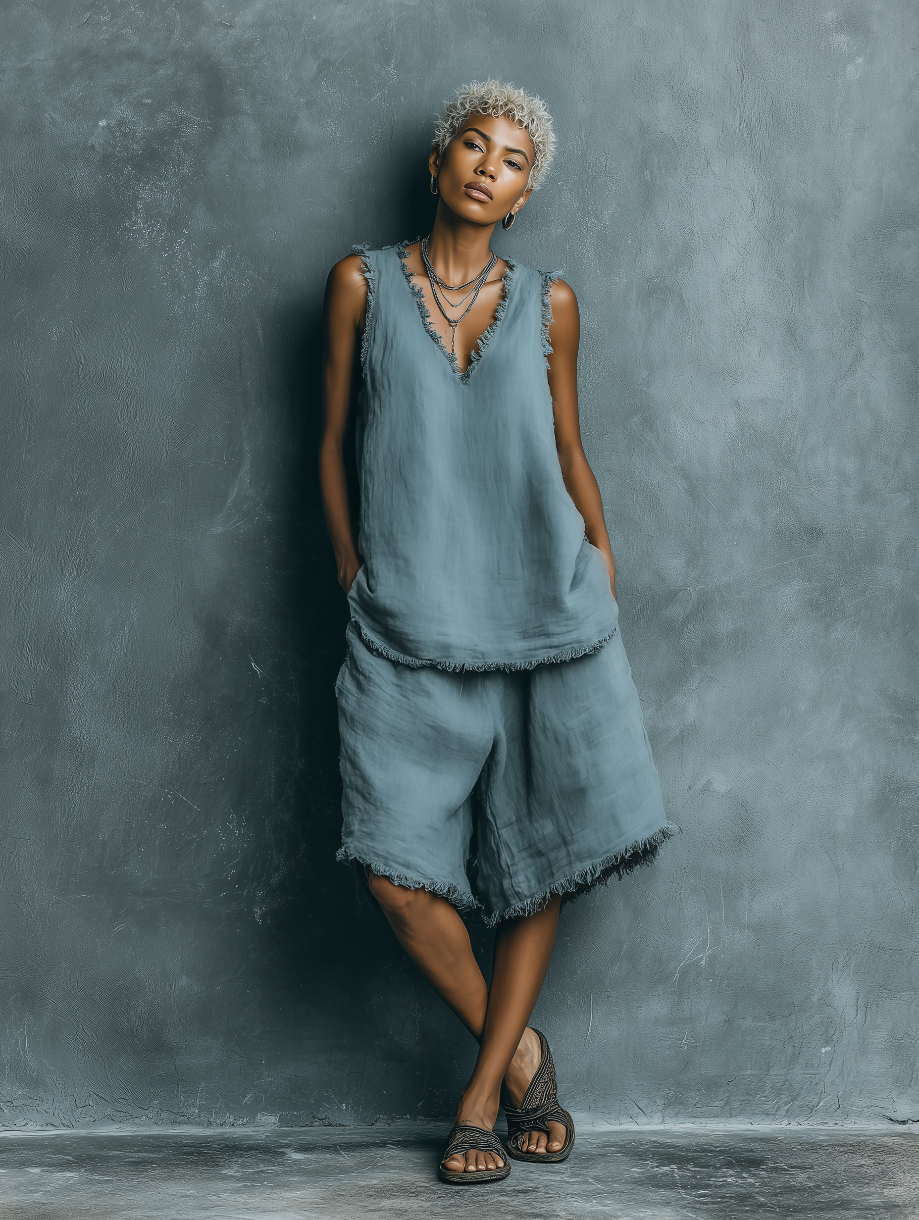 Women’s Dusty Blue Linen Frayed Raw Edge V-Neck Sleeveless Tank Top & Loose Wide Leg Bermuda Shorts Two-Piece Set MDZ1689F1T