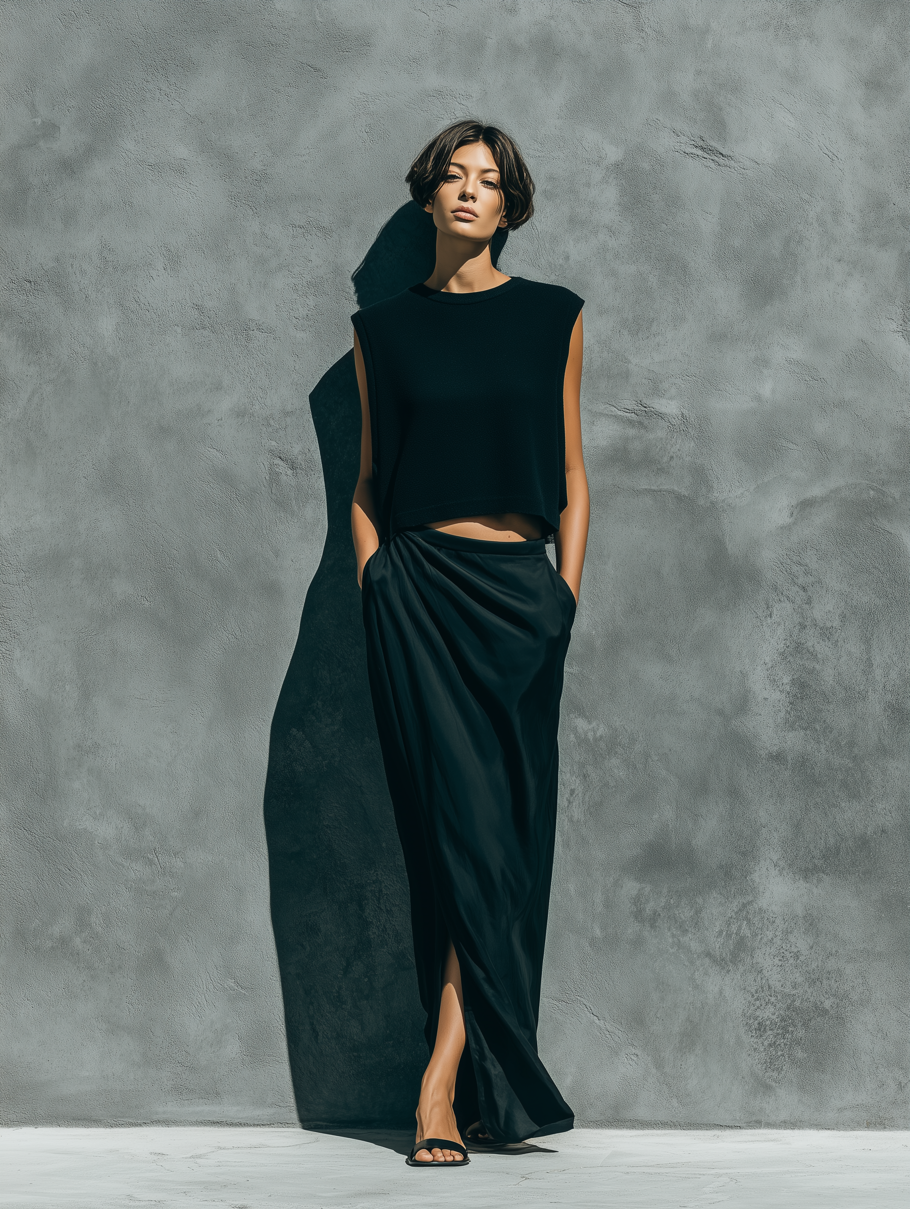 Women’s Black Sleeveless Crew Neck Knit Crop Top & Satin Ruched Side Slit Maxi Skirt Two-Piece Set MDZ1654F2T