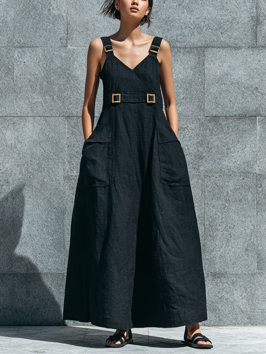 Women’s Black Linen V-Neck Wide Strap Midi Overall Dress With Gold Square Buckles & Cargo Patch Pockets MDZ1600F1T