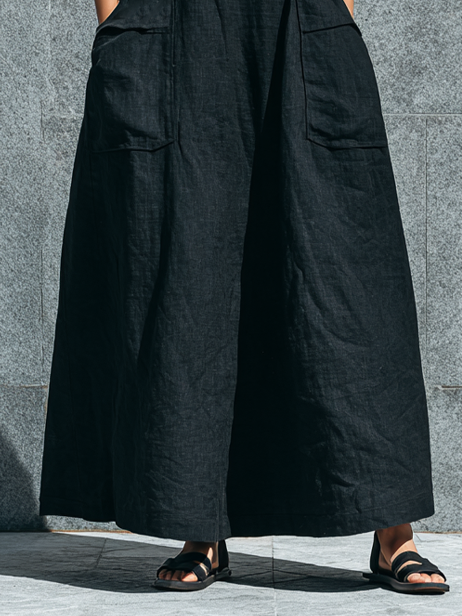 Women’s Black Linen V-Neck Wide Strap Midi Overall Dress With Gold Square Buckles & Cargo Patch Pockets MDZ1600F1T