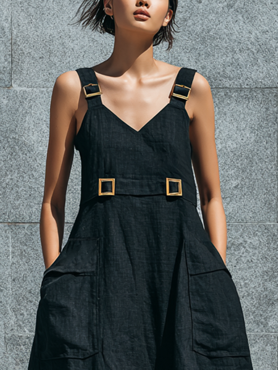Women’s Black Linen V-Neck Wide Strap Midi Overall Dress With Gold Square Buckles & Cargo Patch Pockets MDZ1600F1T