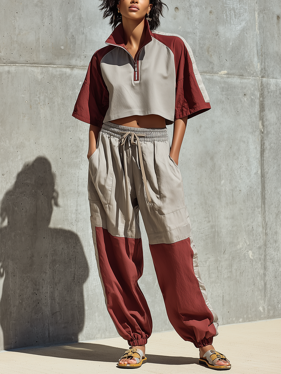 Women’s Gray Burgundy Color Block Half Zip Stand Collar Cropped Short Sleeve Top & Elastic Drawstring Jogger Pants Two-Piece Set MDZ1628F7T