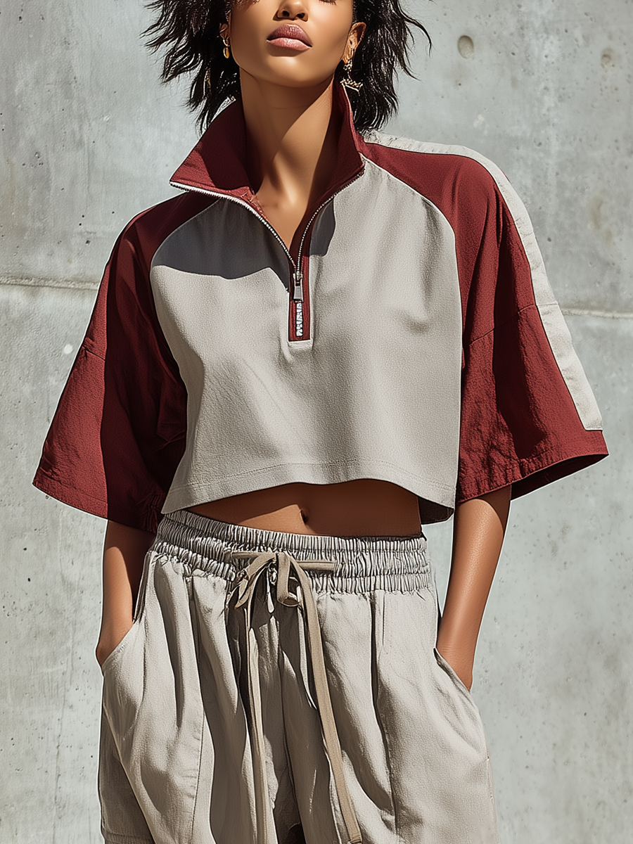 Women’s Gray Burgundy Color Block Half Zip Stand Collar Cropped Short Sleeve Top & Elastic Drawstring Jogger Pants Two-Piece Set MDZ1628F7T