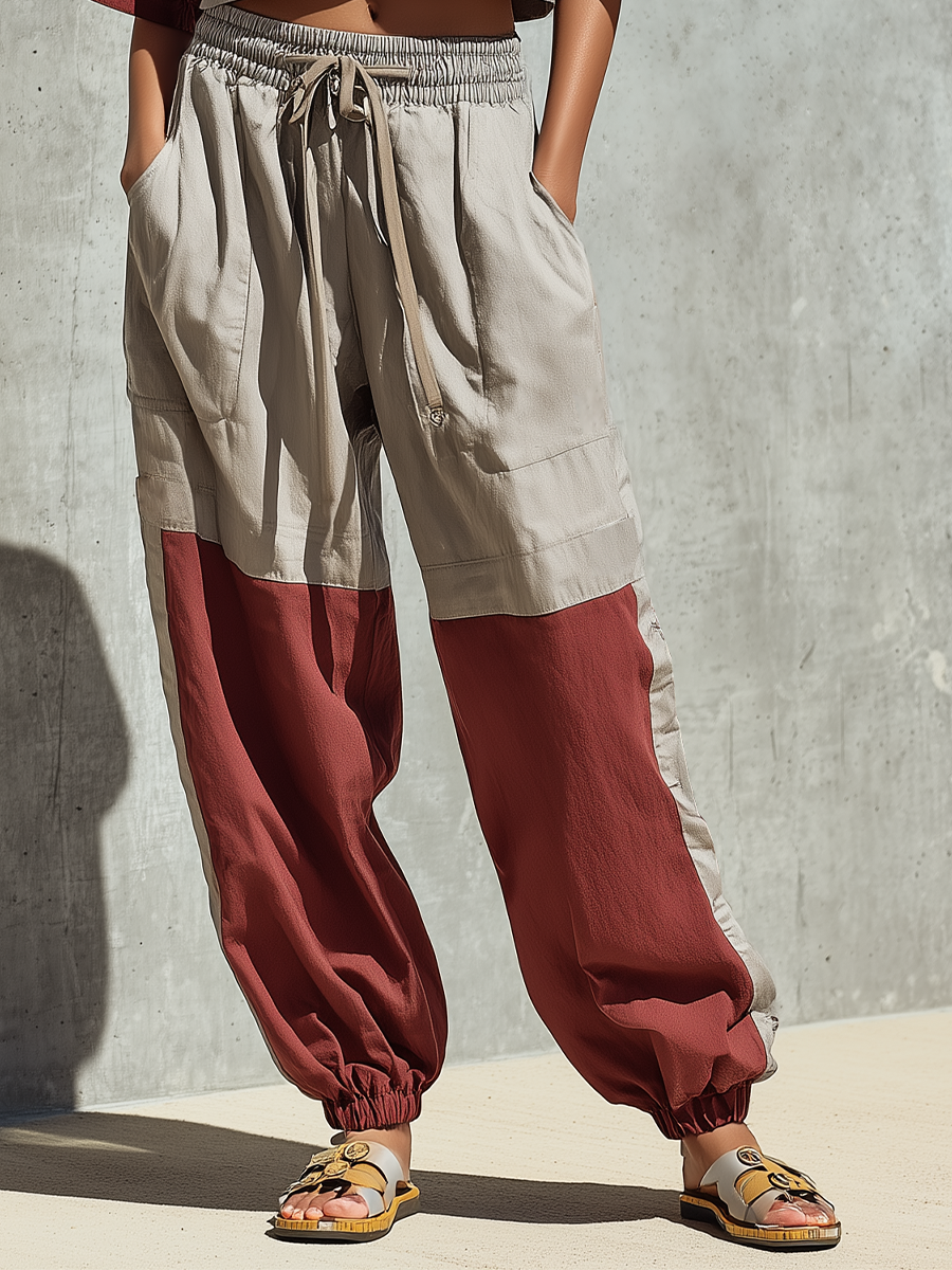 Women’s Gray Burgundy Color Block Half Zip Stand Collar Cropped Short Sleeve Top & Elastic Drawstring Jogger Pants Two-Piece Set MDZ1628F7T