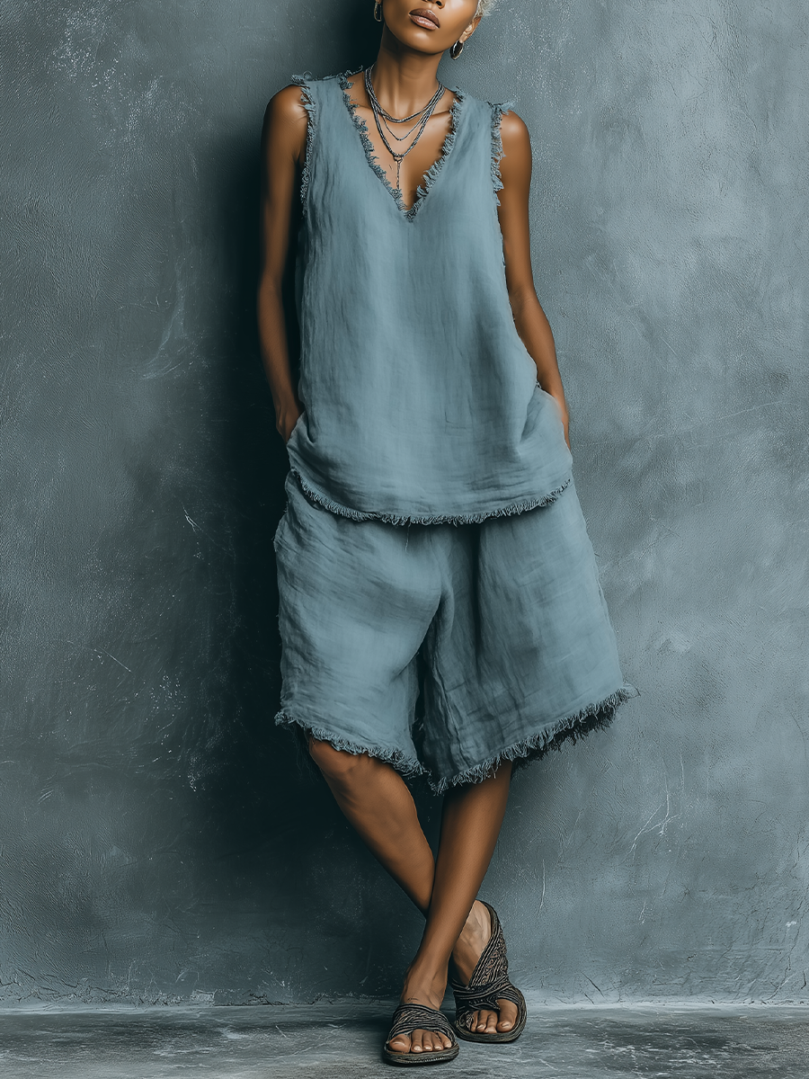 Women’s Dusty Blue Linen Frayed Raw Edge V-Neck Sleeveless Tank Top & Loose Wide Leg Bermuda Shorts Two-Piece Set MDZ1689F1T