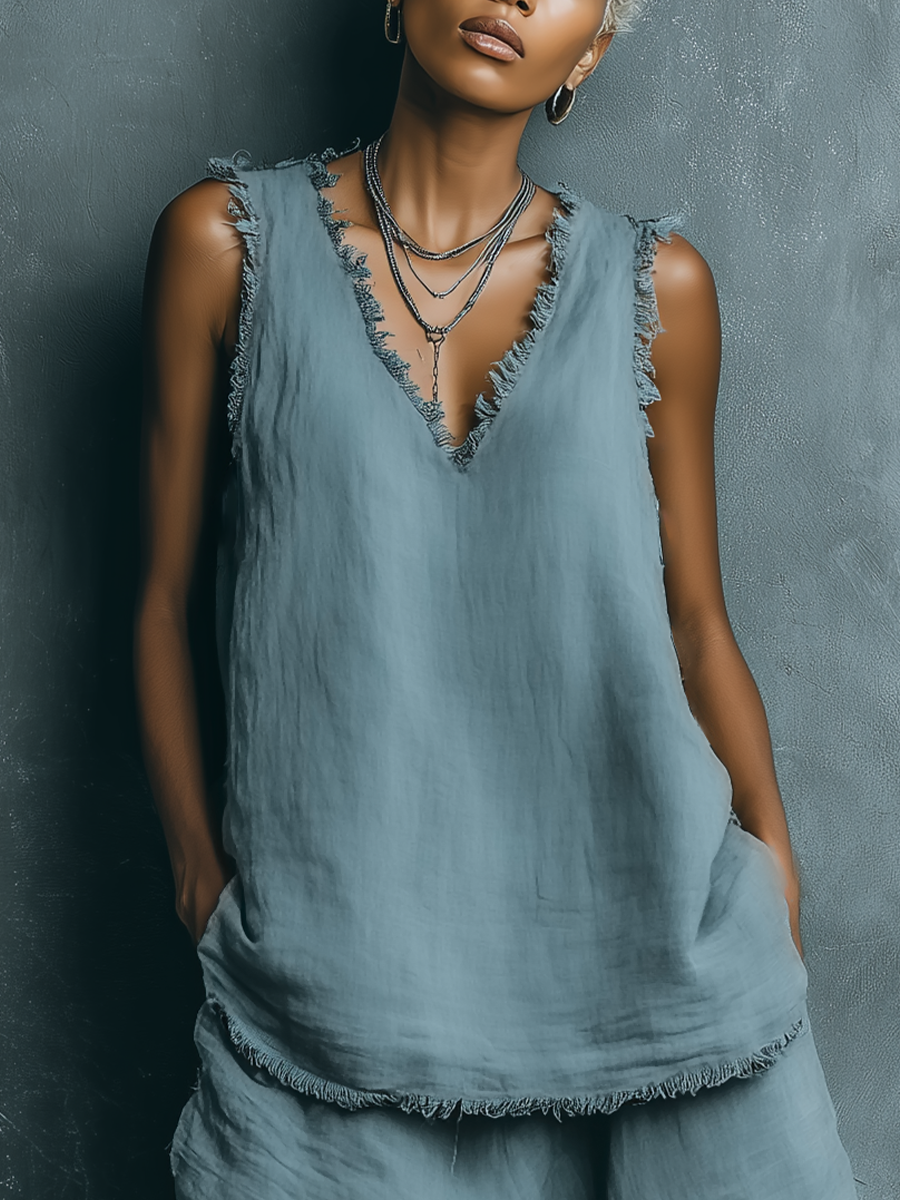Women’s Dusty Blue Linen Frayed Raw Edge V-Neck Sleeveless Tank Top & Loose Wide Leg Bermuda Shorts Two-Piece Set MDZ1689F1T