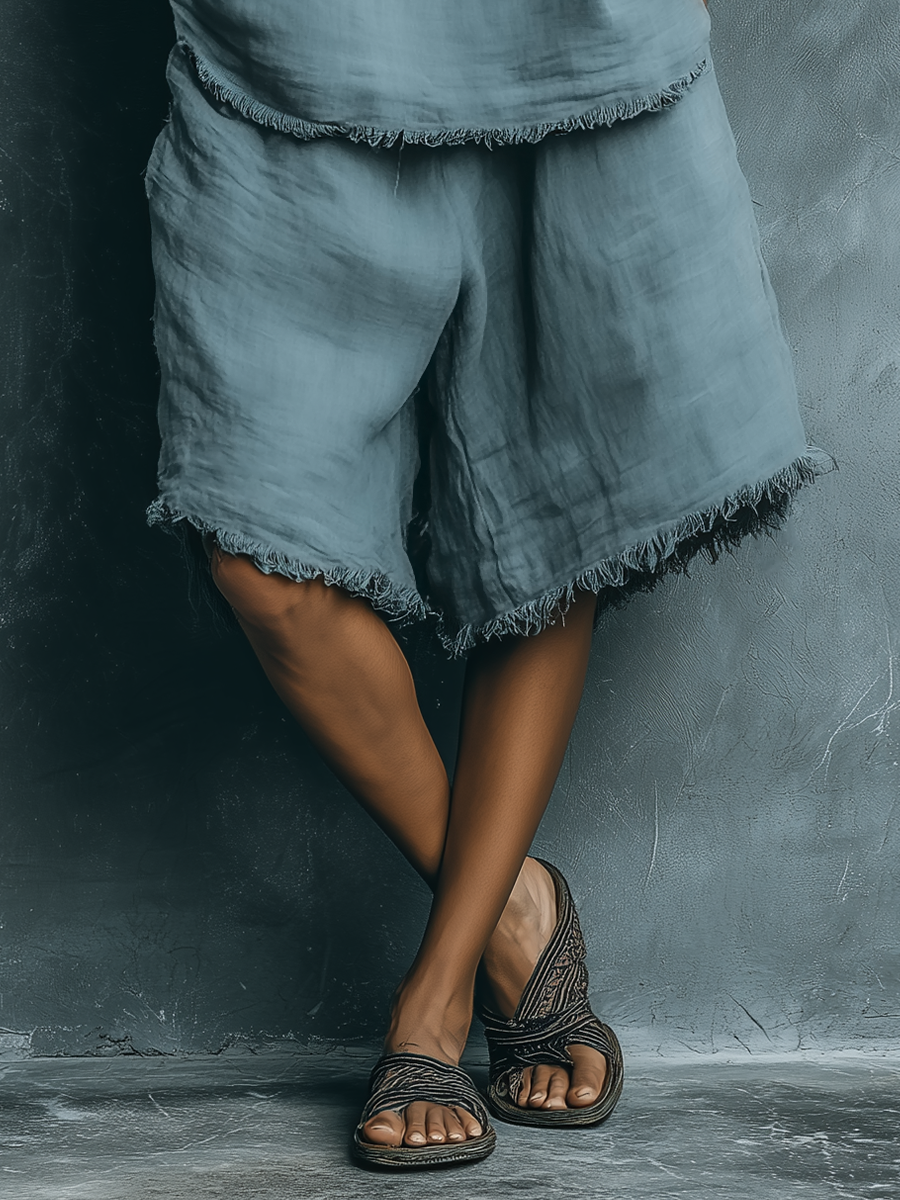Women’s Dusty Blue Linen Frayed Raw Edge V-Neck Sleeveless Tank Top & Loose Wide Leg Bermuda Shorts Two-Piece Set MDZ1689F1T