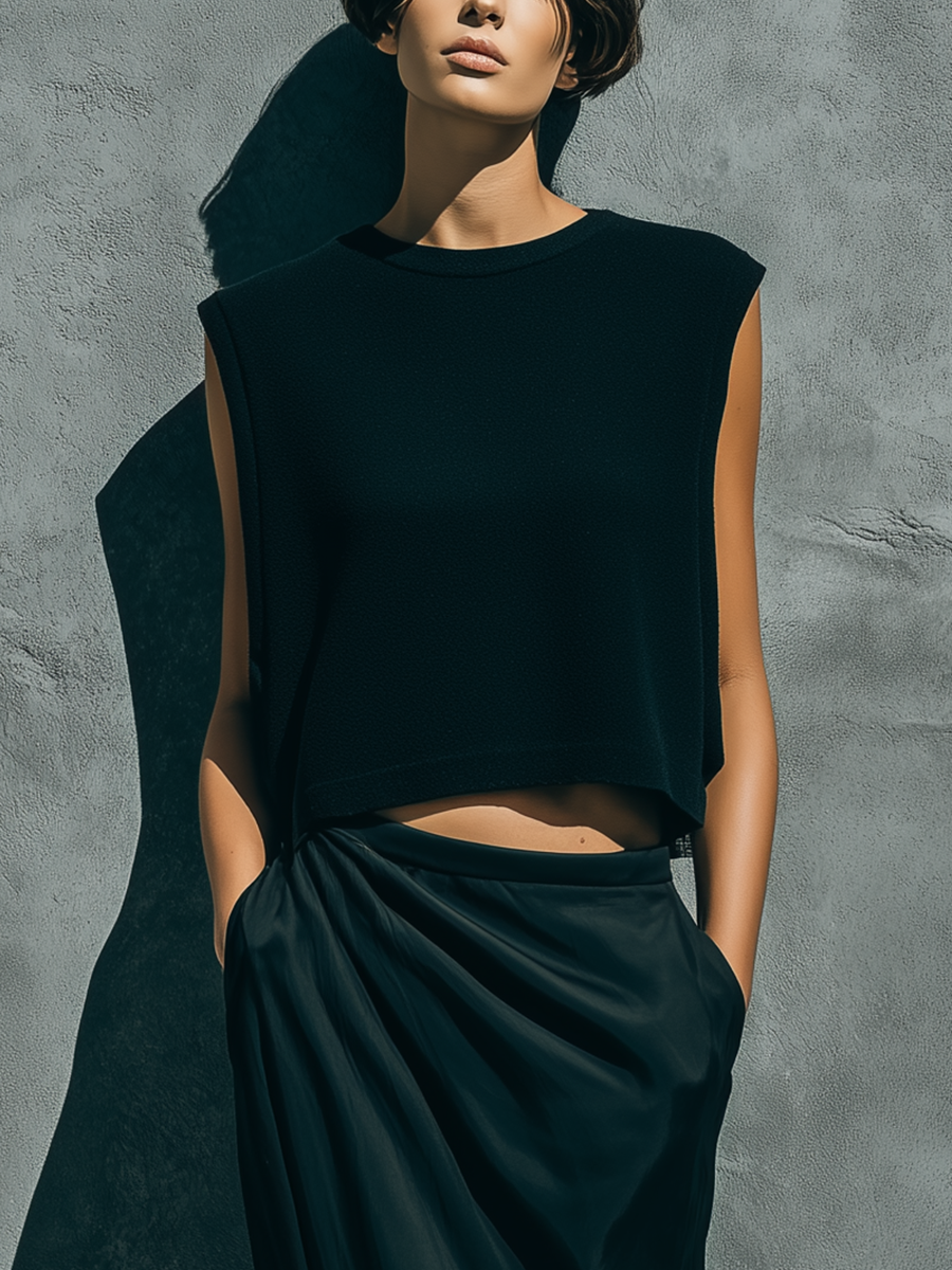 Women’s Black Sleeveless Crew Neck Knit Crop Top & Satin Ruched Side Slit Maxi Skirt Two-Piece Set MDZ1654F2T
