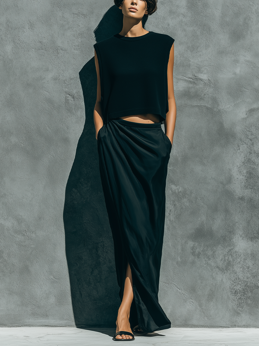 Women’s Black Sleeveless Crew Neck Knit Crop Top & Satin Ruched Side Slit Maxi Skirt Two-Piece Set MDZ1654F2T