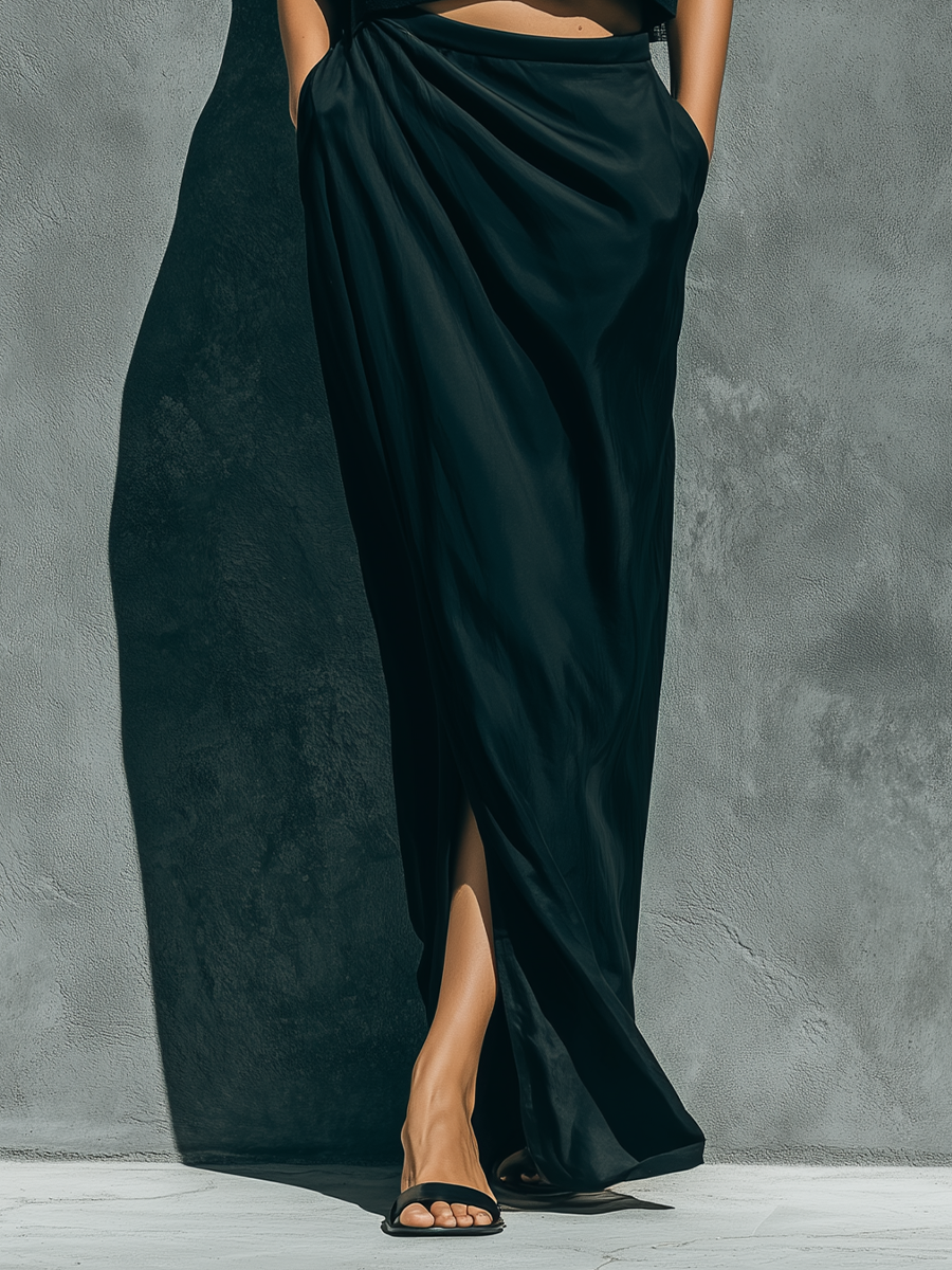 Women’s Black Sleeveless Crew Neck Knit Crop Top & Satin Ruched Side Slit Maxi Skirt Two-Piece Set MDZ1654F2T