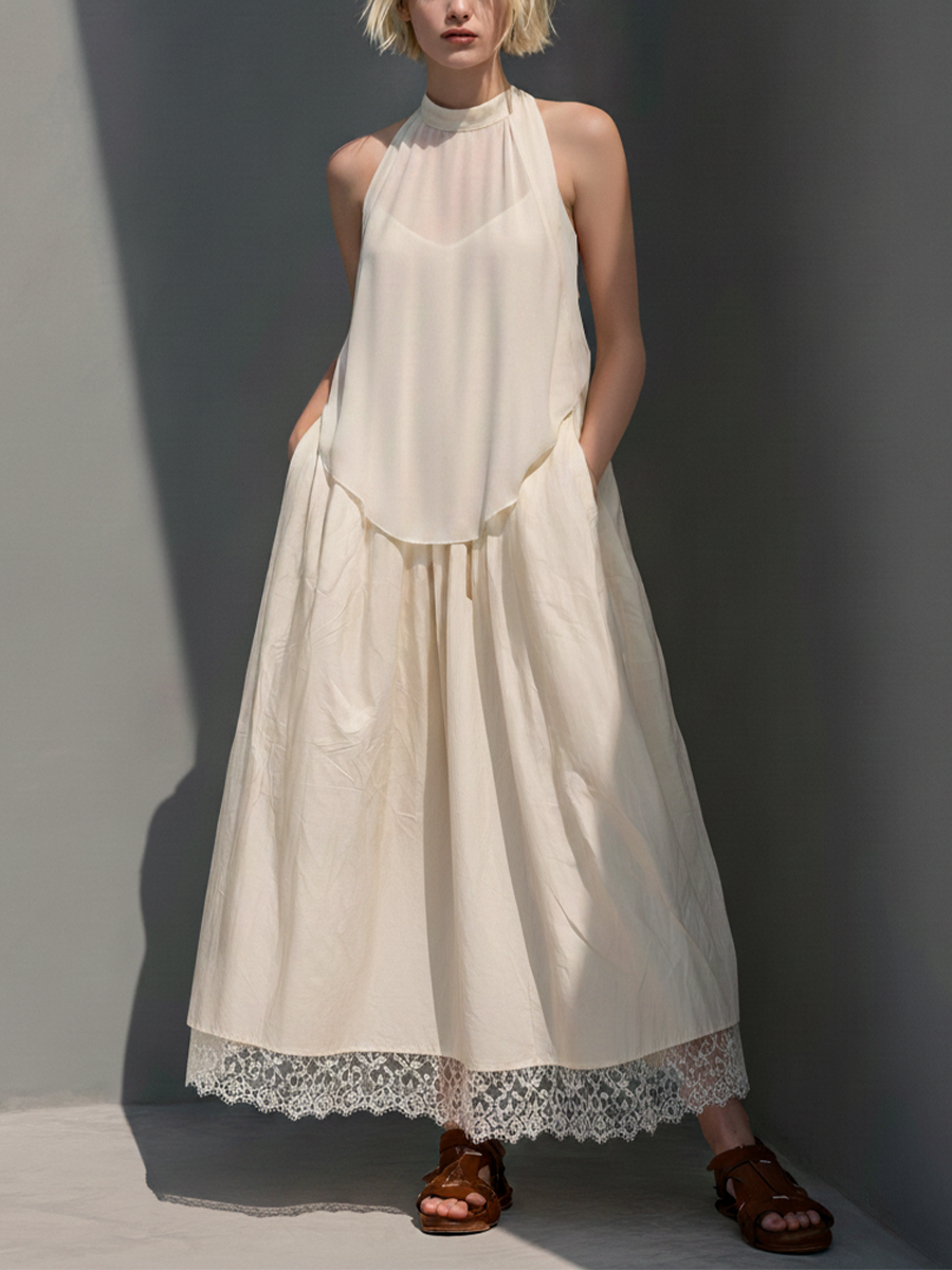 Women’s Cream Halter Mock Neck Sleeveless Overlay Midi Dress With Lace Hem & Side Pockets MDZ1689F9T