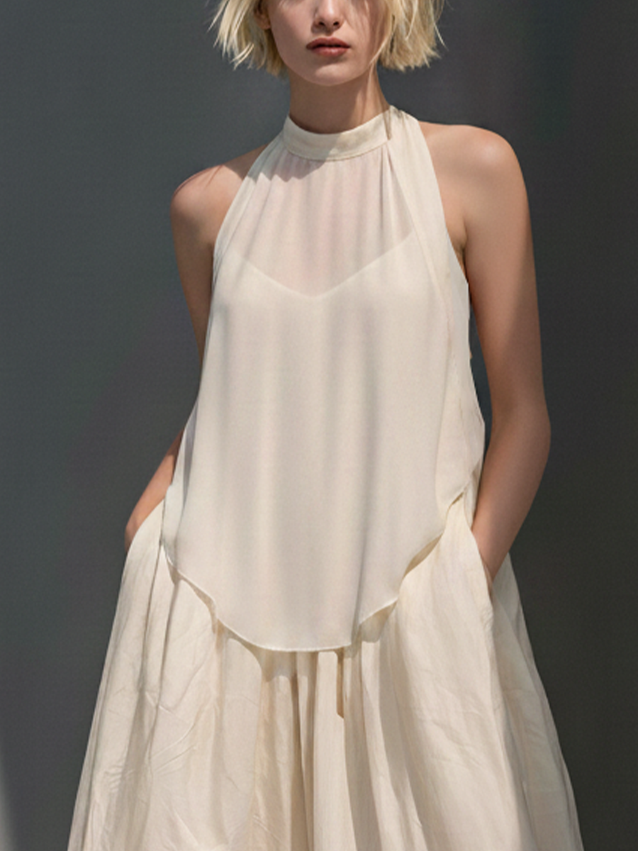 Women’s Cream Halter Mock Neck Sleeveless Overlay Midi Dress With Lace Hem & Side Pockets MDZ1689F9T