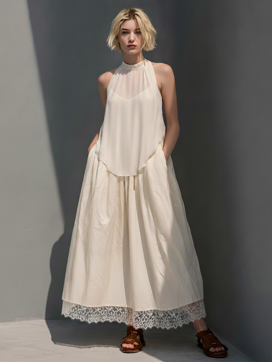 Women’s Cream Halter Mock Neck Sleeveless Overlay Midi Dress With Lace Hem & Side Pockets MDZ1689F9T