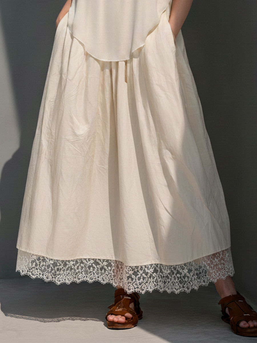 Women’s Cream Halter Mock Neck Sleeveless Overlay Midi Dress With Lace Hem & Side Pockets MDZ1689F9T