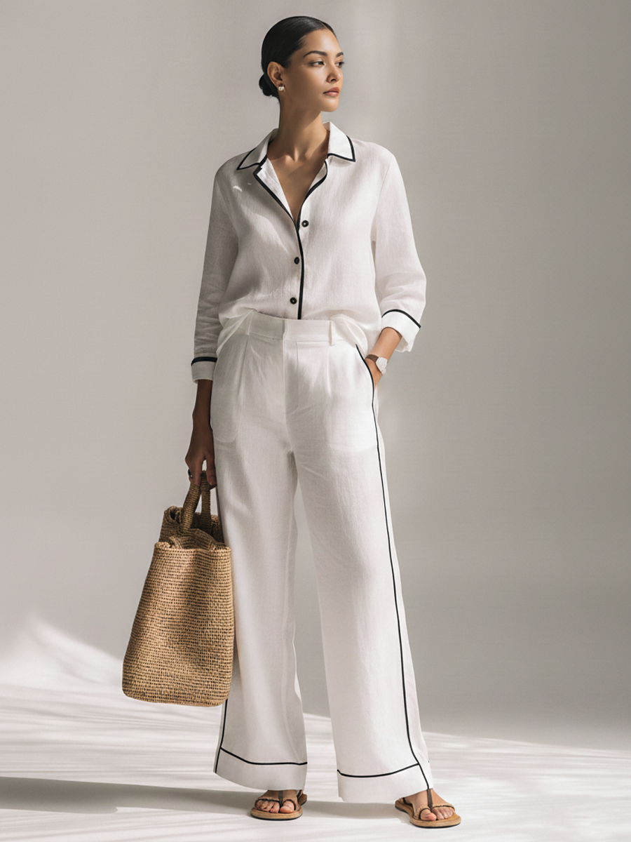 Women’s White Linen Black Piping Trim Lapel Three-Quarter Sleeve Shirt & High Waist Wide Leg Pants Two-Piece Pajama Style Set MDZ1672F1T