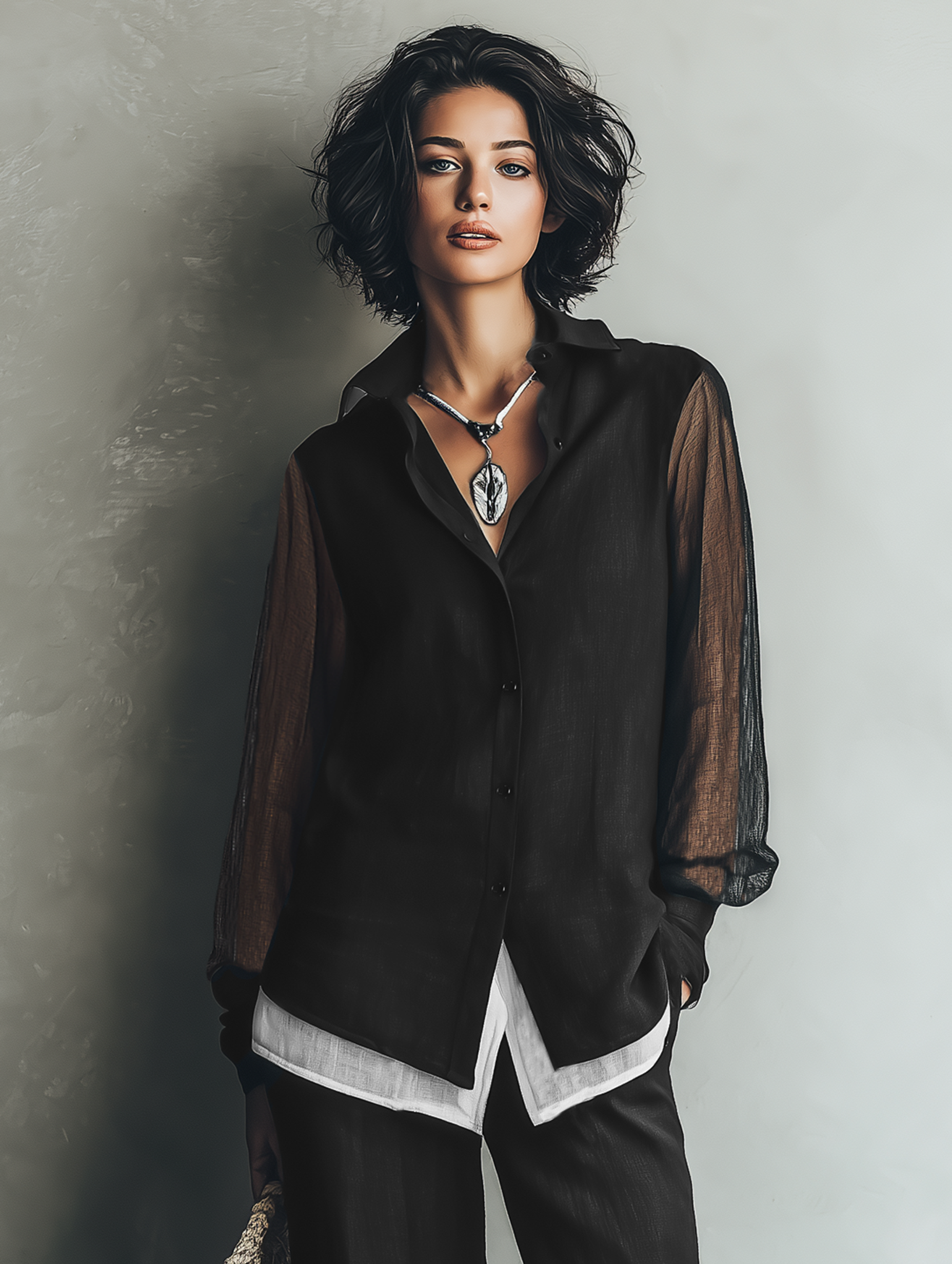 Women's Minimalist Linen-Blend Shirt & Wide-Leg Pants Set – Features Chiffon Sleeves, Single-Breasted Design, And A Faux-Layered Look MDZ1686F9WY