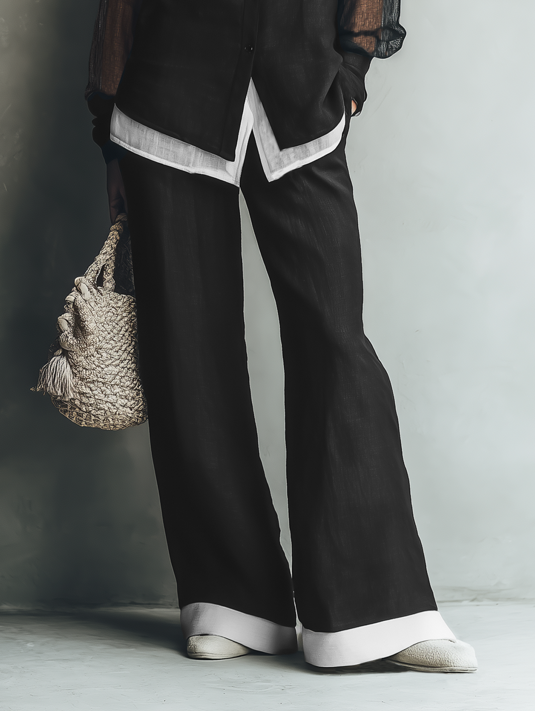 Women's Minimalist Linen-Blend Shirt & Wide-Leg Pants Set – Features Chiffon Sleeves, Single-Breasted Design, And A Faux-Layered Look MDZ1686F9WY