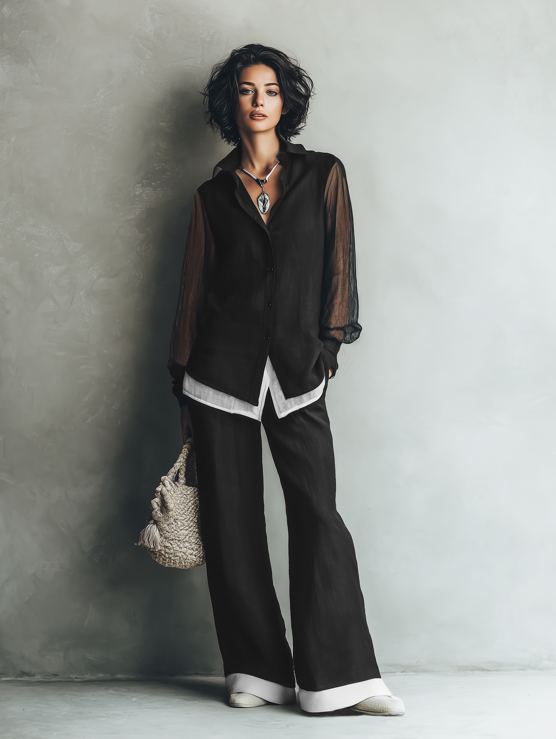 Women's Minimalist Linen-Blend Shirt & Wide-Leg Pants Set – Features Chiffon Sleeves, Single-Breasted Design, And A Faux-Layered Look MDZ1686F9WY