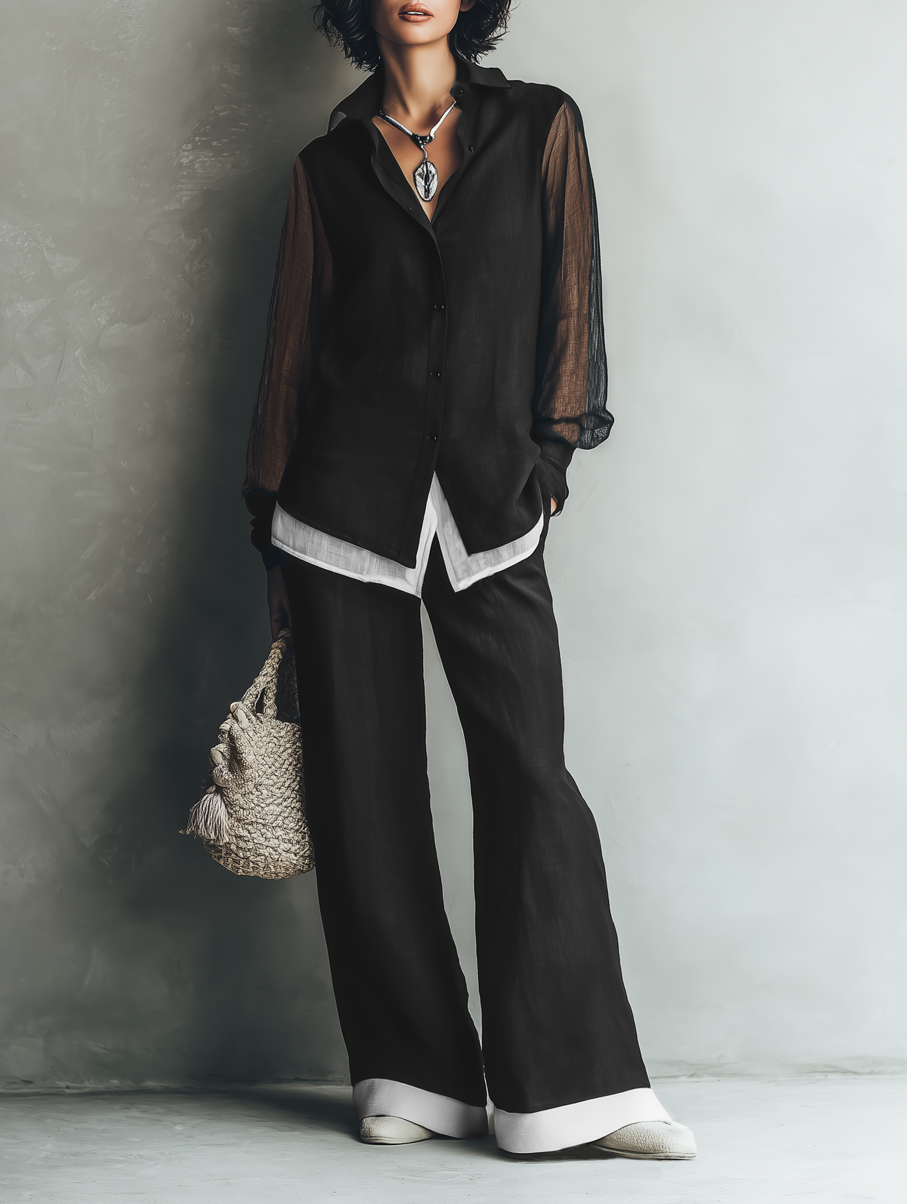 Women's Minimalist Linen-Blend Shirt & Wide-Leg Pants Set – Features Chiffon Sleeves, Single-Breasted Design, And A Faux-Layered Look MDZ1686F9WY