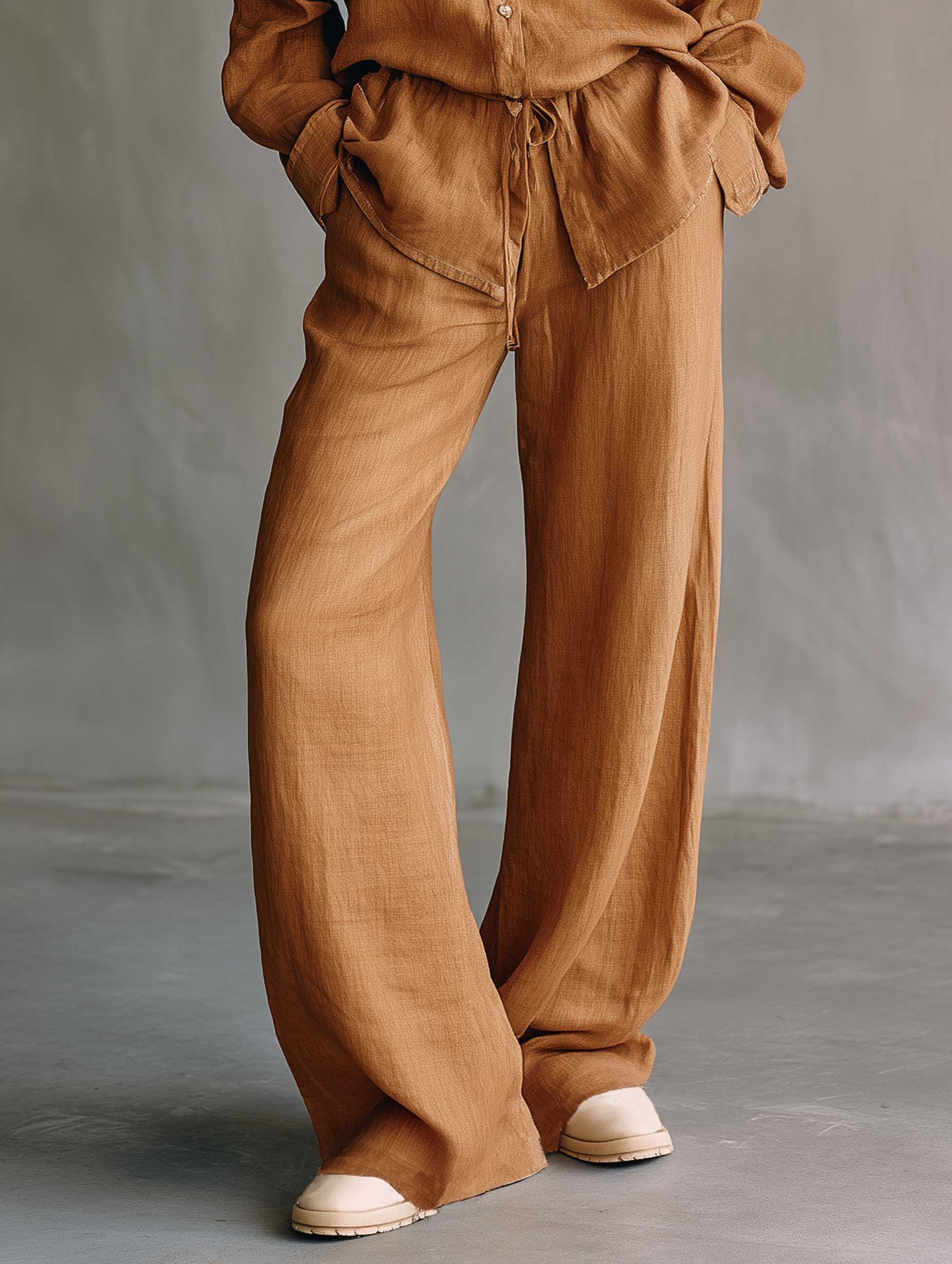 Women's Minimalist Linen-Blend Long-Sleeve Shirt And Straight-Leg Pants Set With Drawstring Waist MDZ1677F8WY