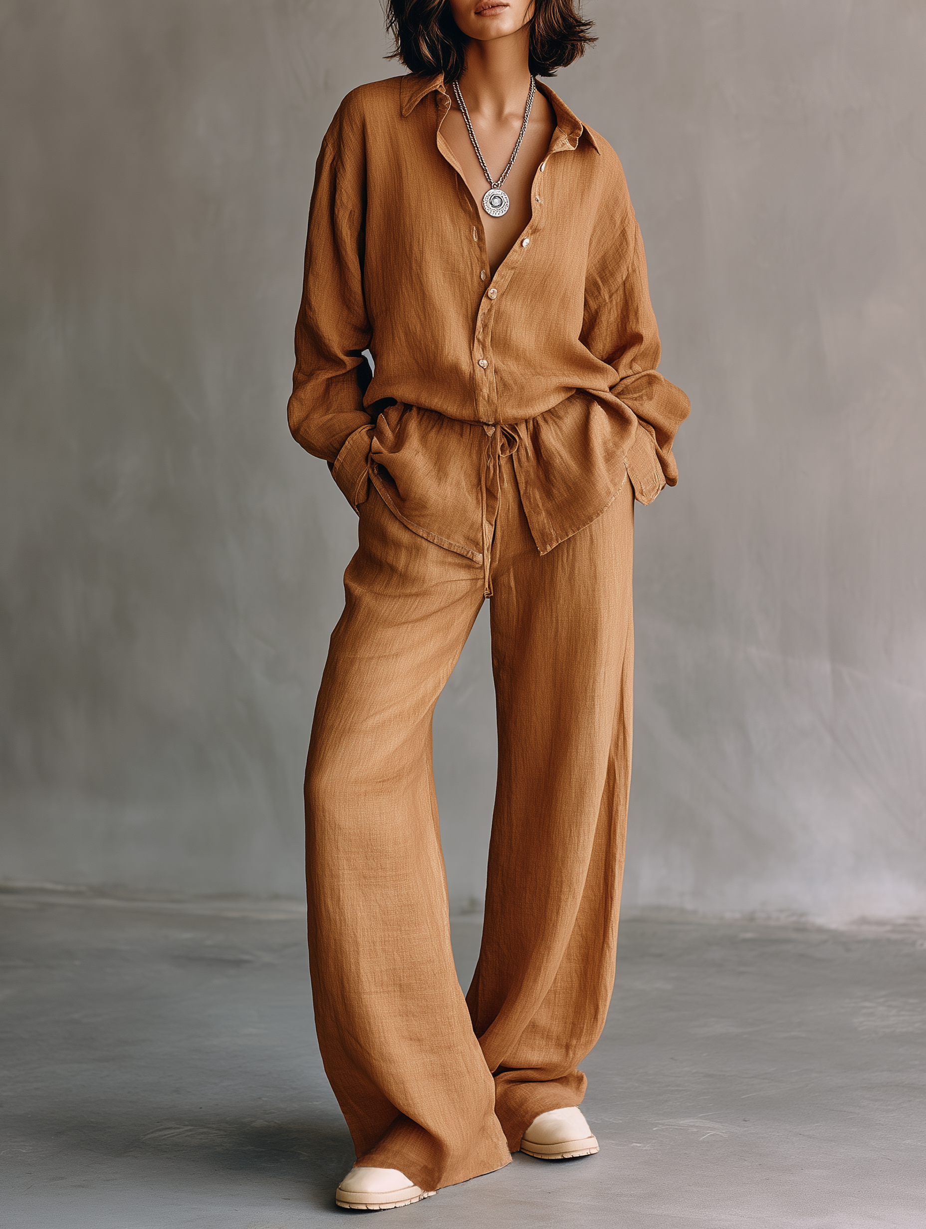 Women's Minimalist Linen-Blend Long-Sleeve Shirt And Straight-Leg Pants Set With Drawstring Waist MDZ1677F8WY