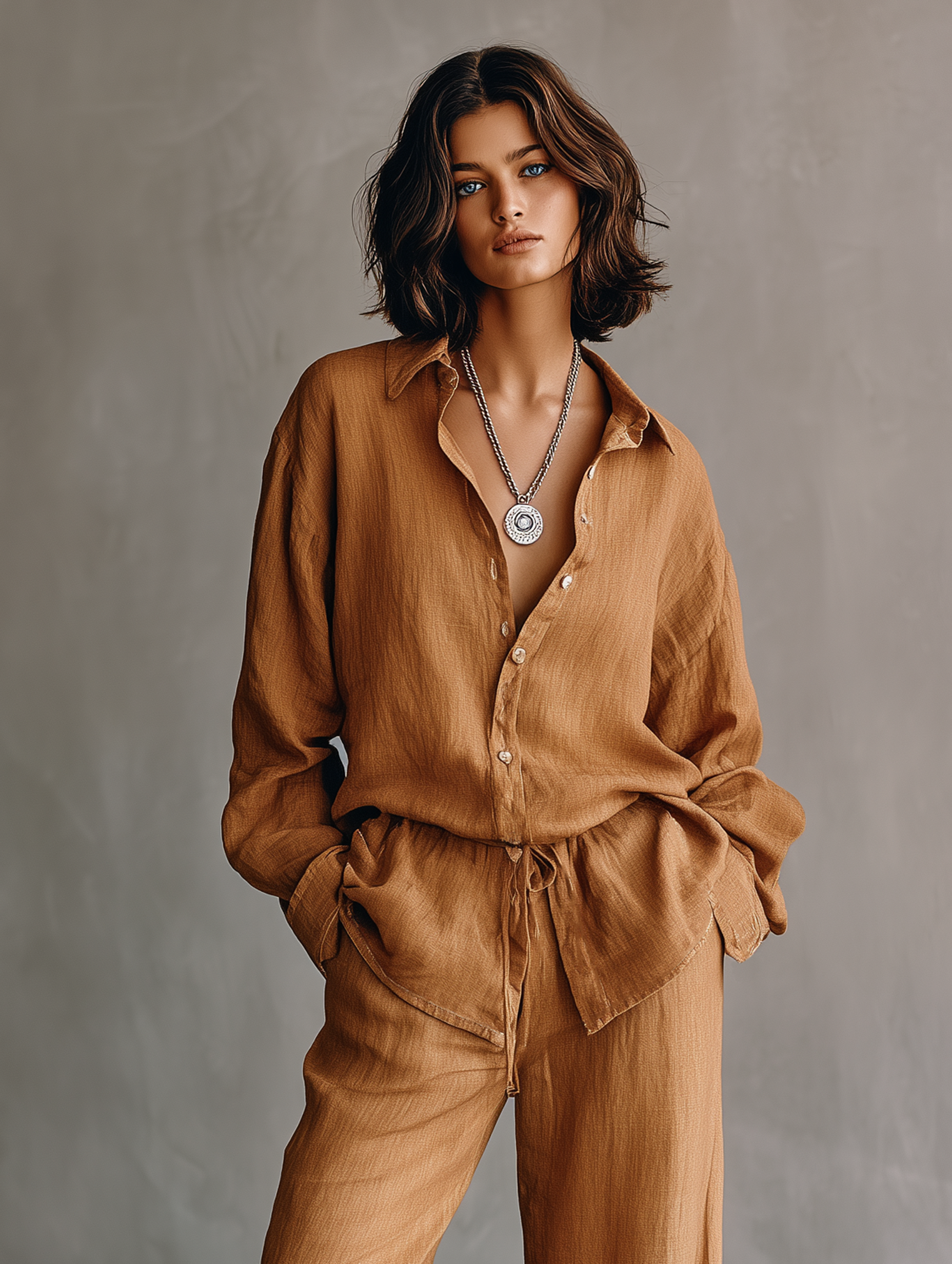Women's Minimalist Linen-Blend Long-Sleeve Shirt And Straight-Leg Pants Set With Drawstring Waist MDZ1677F8WY