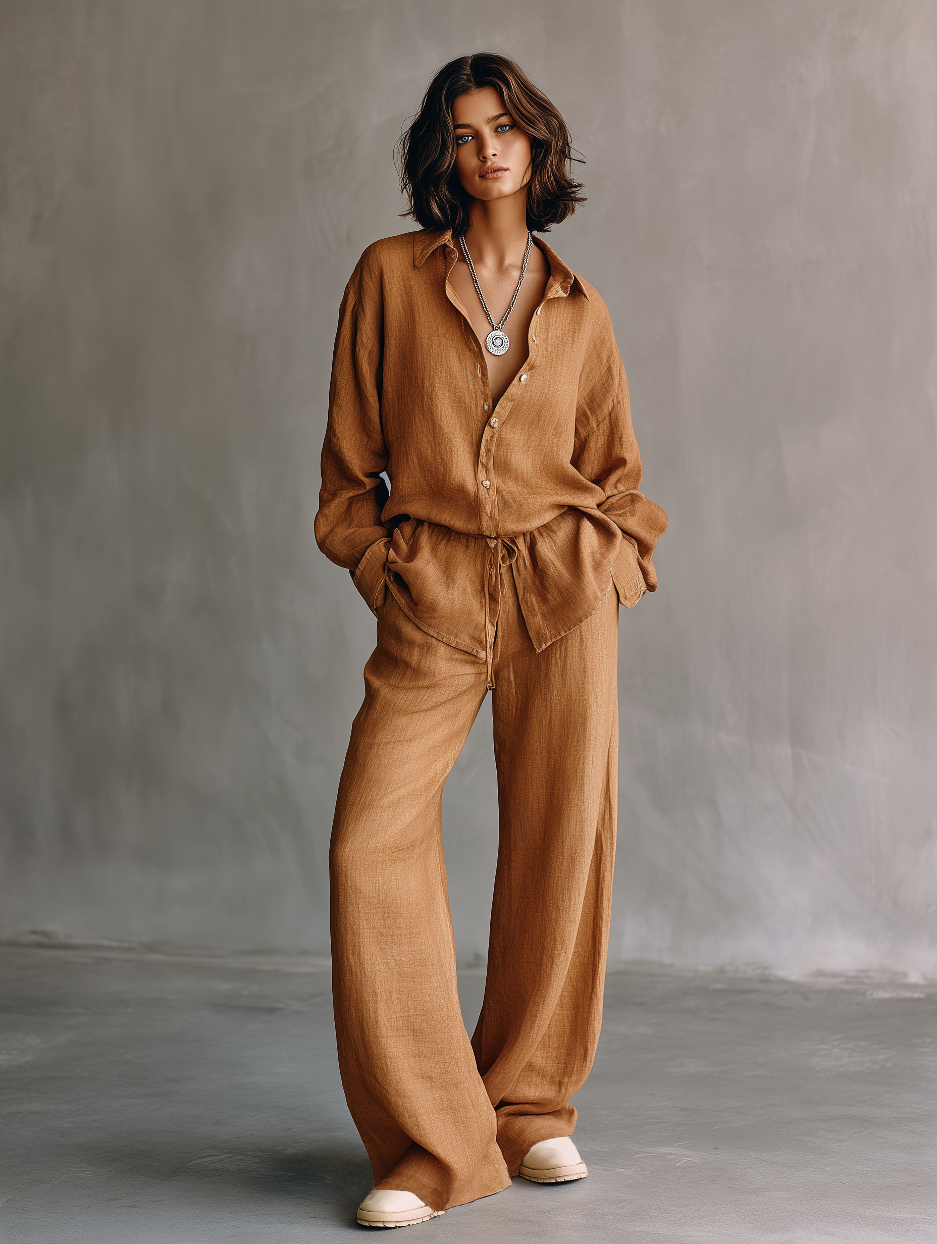 Women's Minimalist Linen-Blend Long-Sleeve Shirt And Straight-Leg Pants Set With Drawstring Waist MDZ1677F8WY