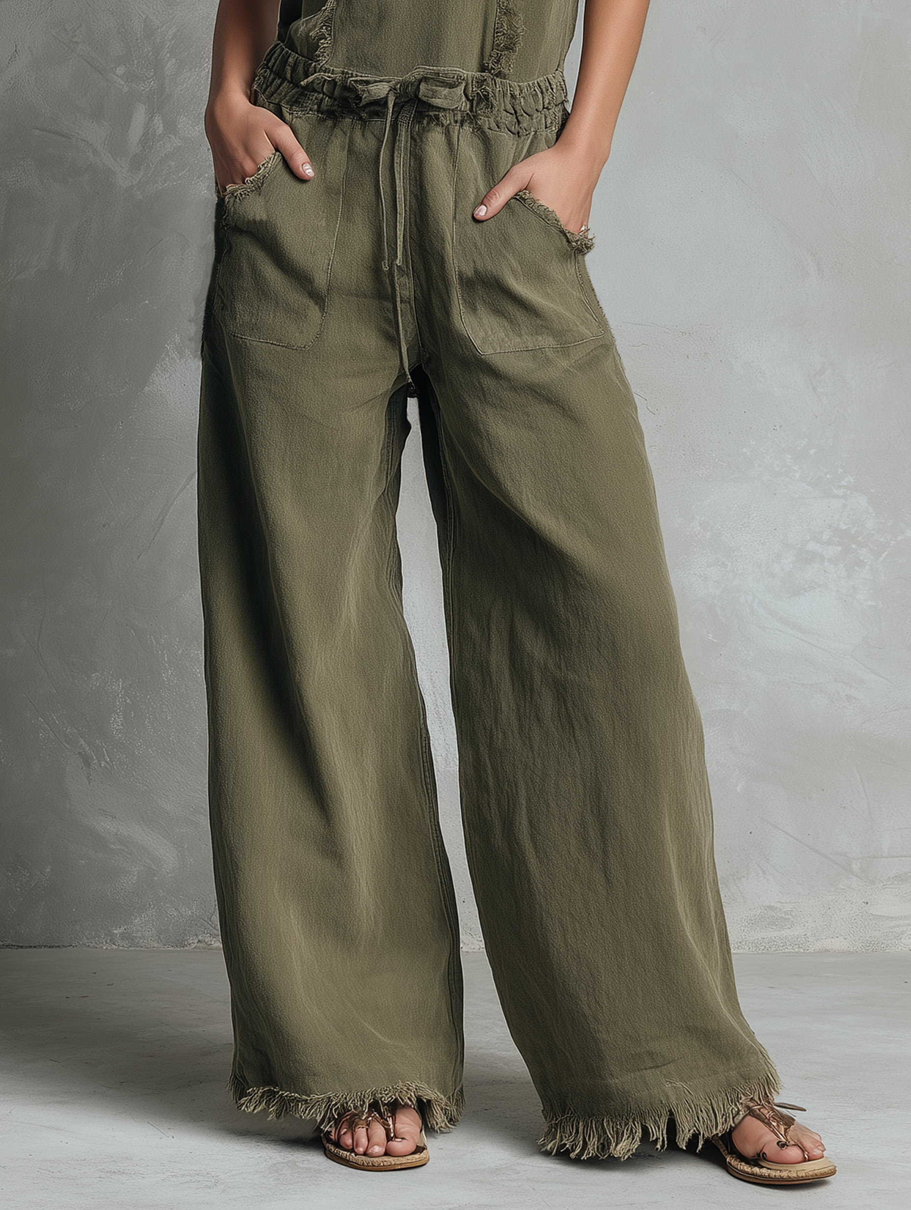 Women's Minimalist Twill Cotton Sleeveless V-Neck Jumpsuit With Raw Edges MDZ1645F4WY
