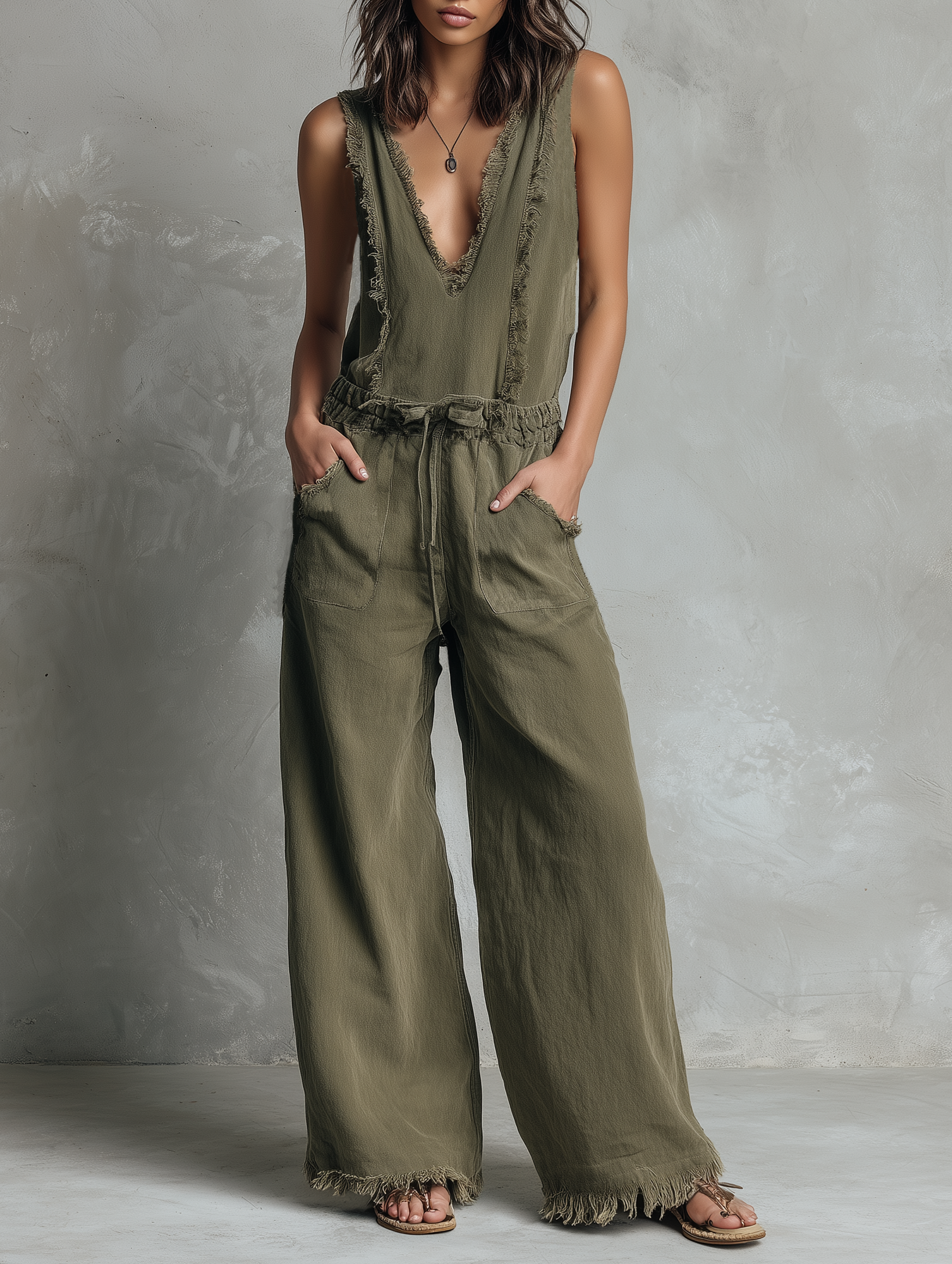 Women's Minimalist Twill Cotton Sleeveless V-Neck Jumpsuit With Raw Edges MDZ1645F4WY