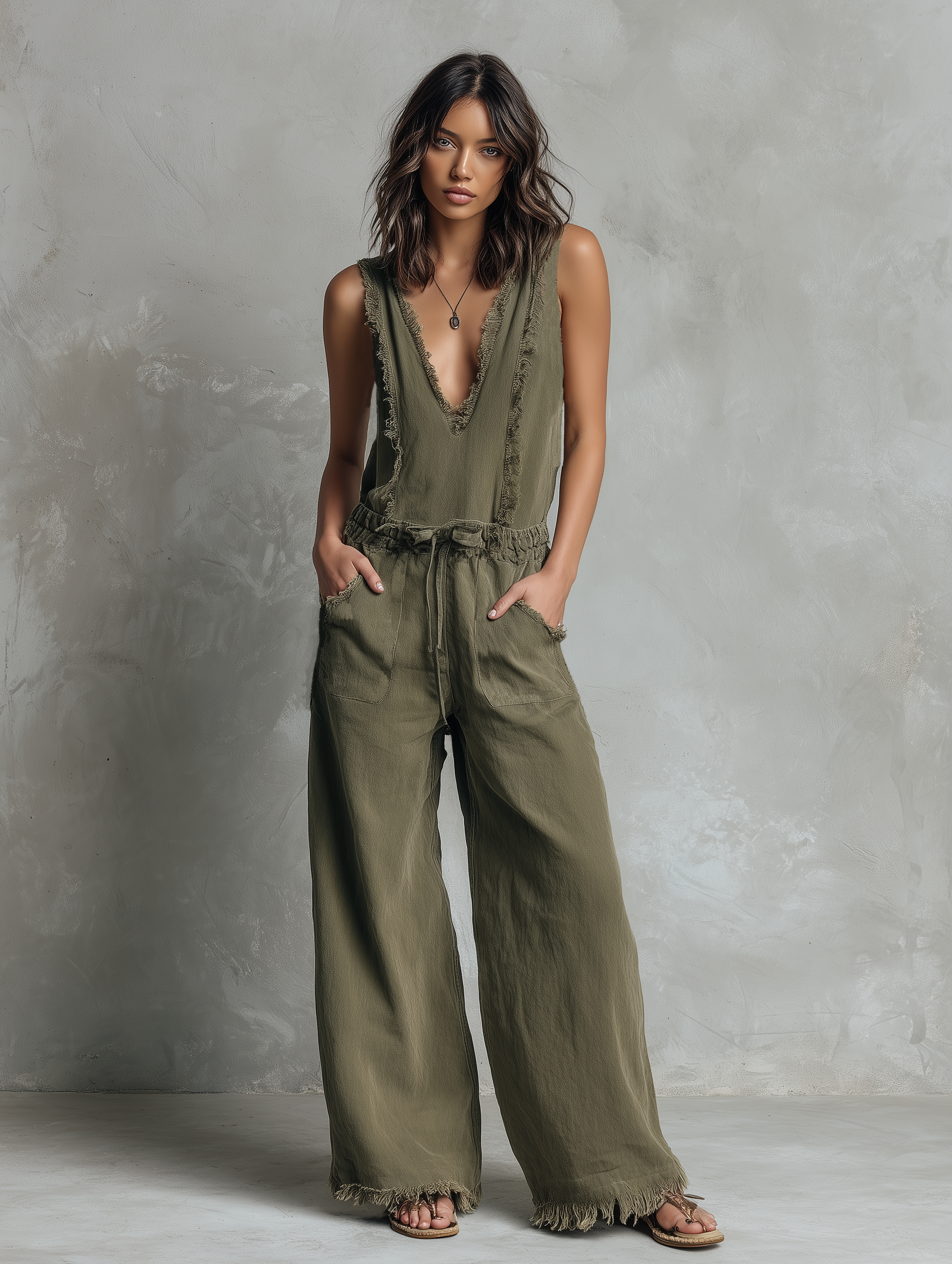 Women's Minimalist Twill Cotton Sleeveless V-Neck Jumpsuit With Raw Edges MDZ1645F4WY