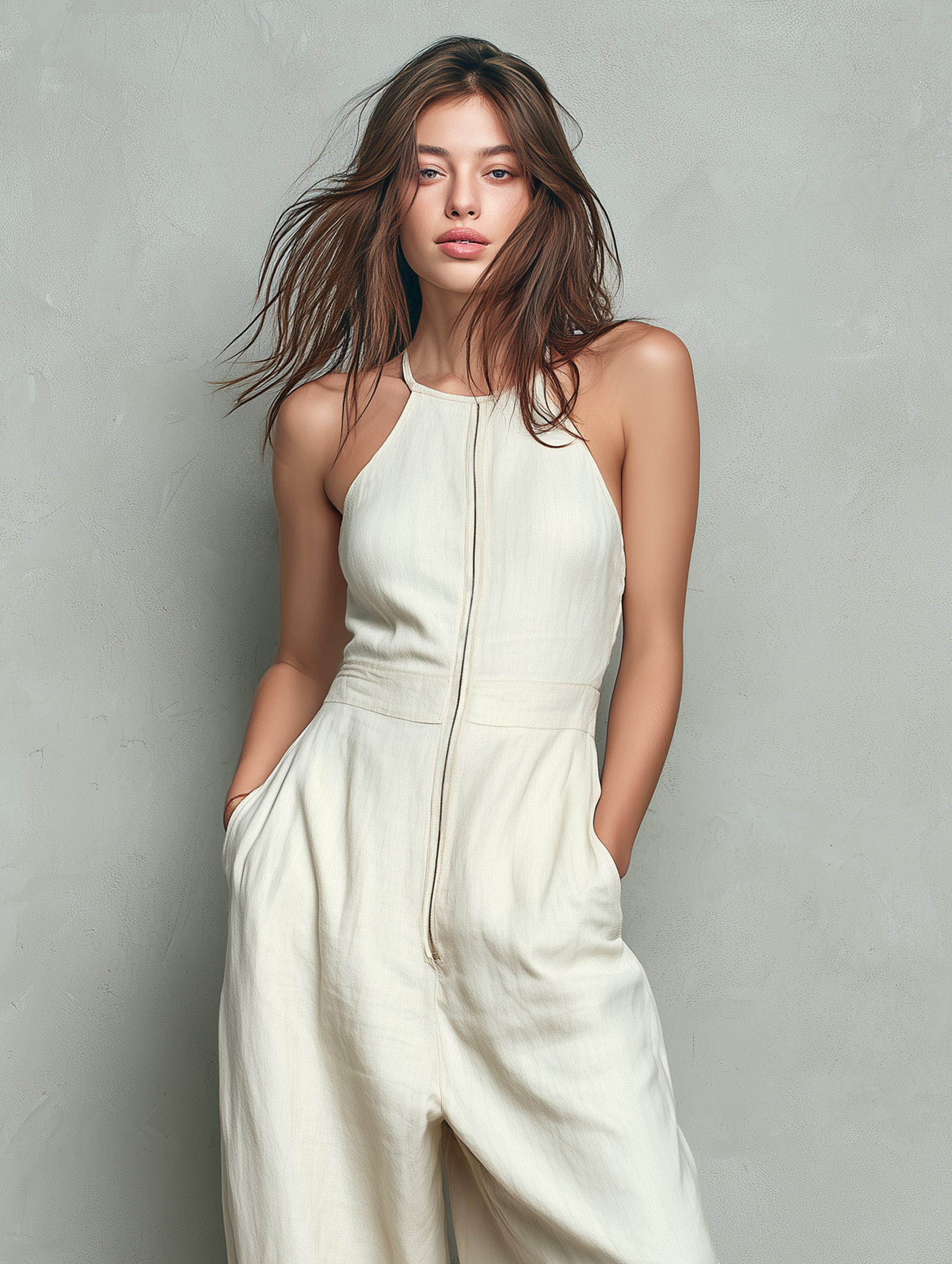 Women's Minimalist Linen-Blend Halter-Neck Wide-Leg Jumpsuit With Zipper MDZ1671F2WY