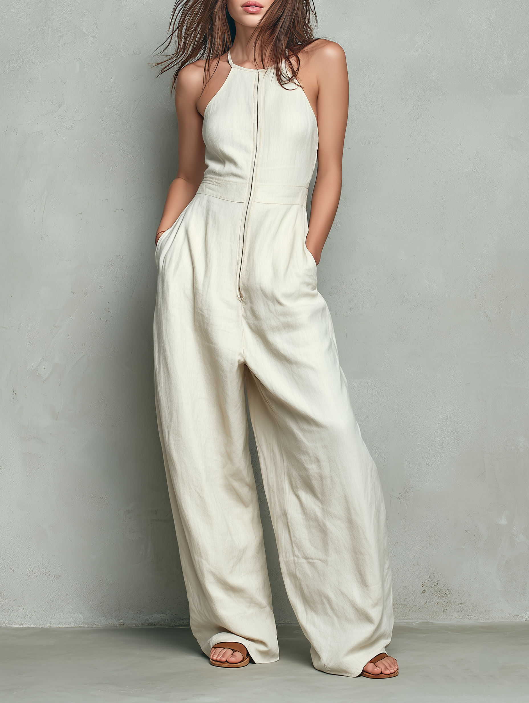 Women's Minimalist Linen-Blend Halter-Neck Wide-Leg Jumpsuit With Zipper MDZ1671F2WY