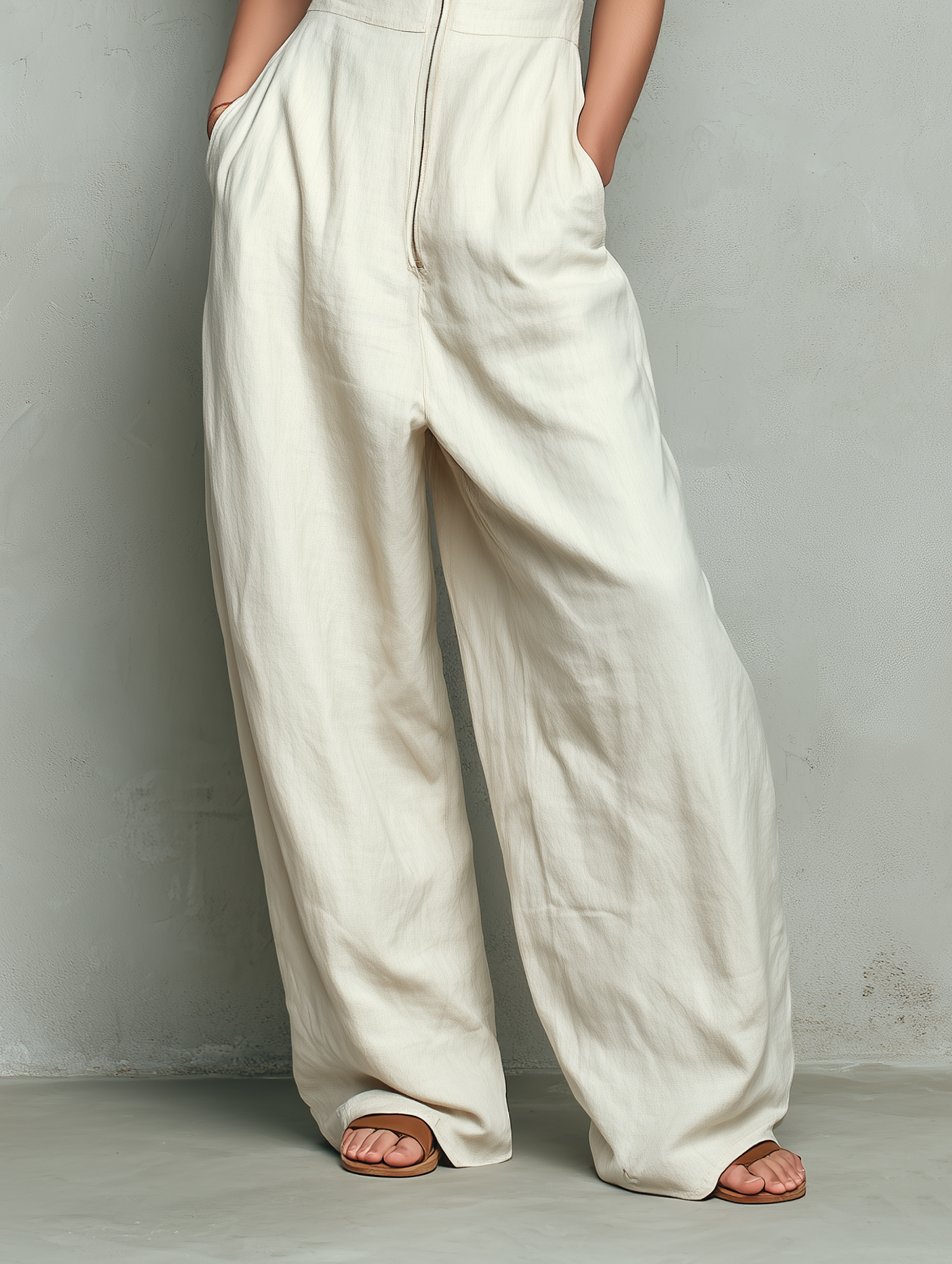 Women's Minimalist Linen-Blend Halter-Neck Wide-Leg Jumpsuit With Zipper MDZ1671F2WY