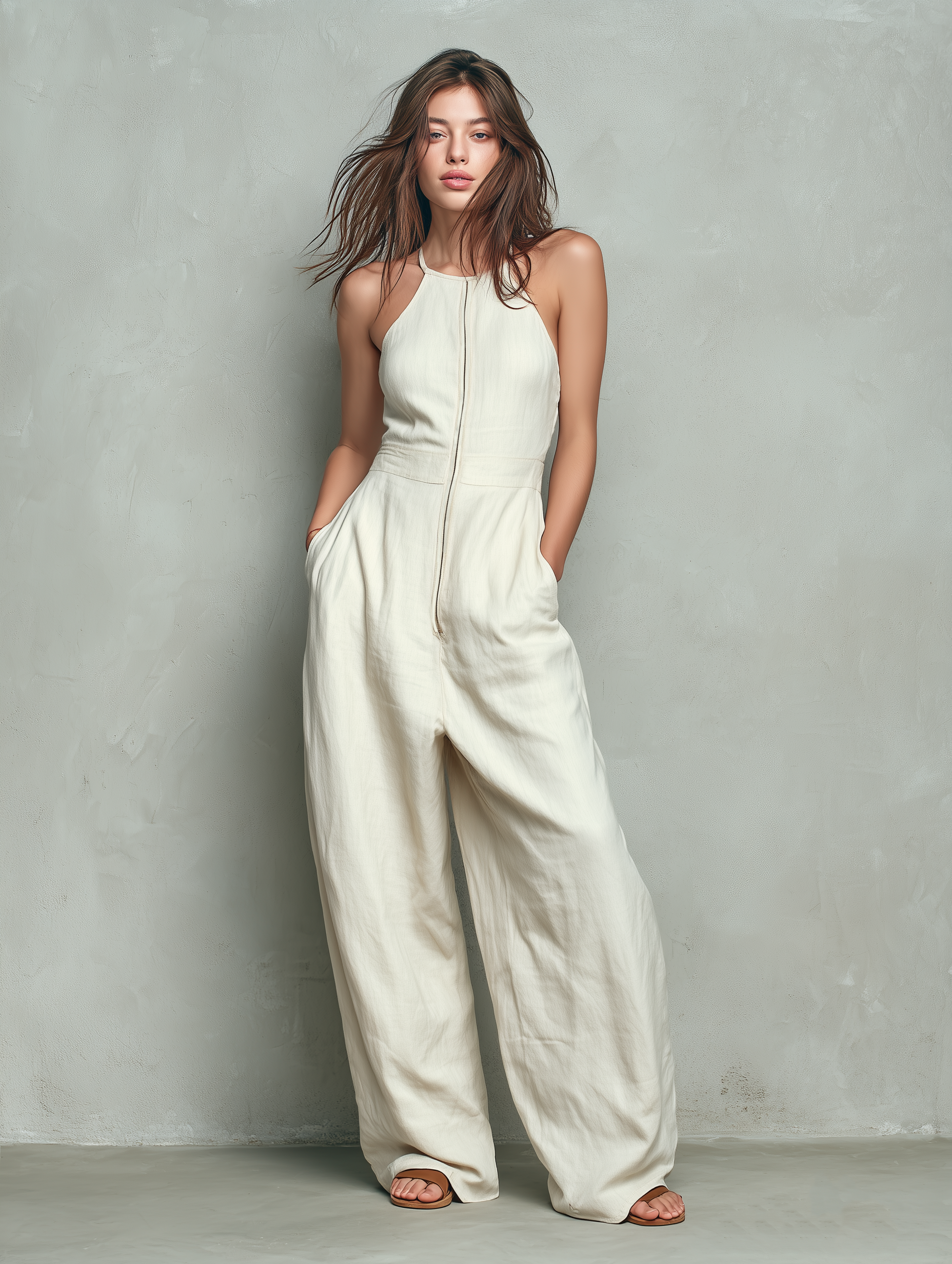 Women's Minimalist Linen-Blend Halter-Neck Wide-Leg Jumpsuit With Zipper MDZ1671F2WY