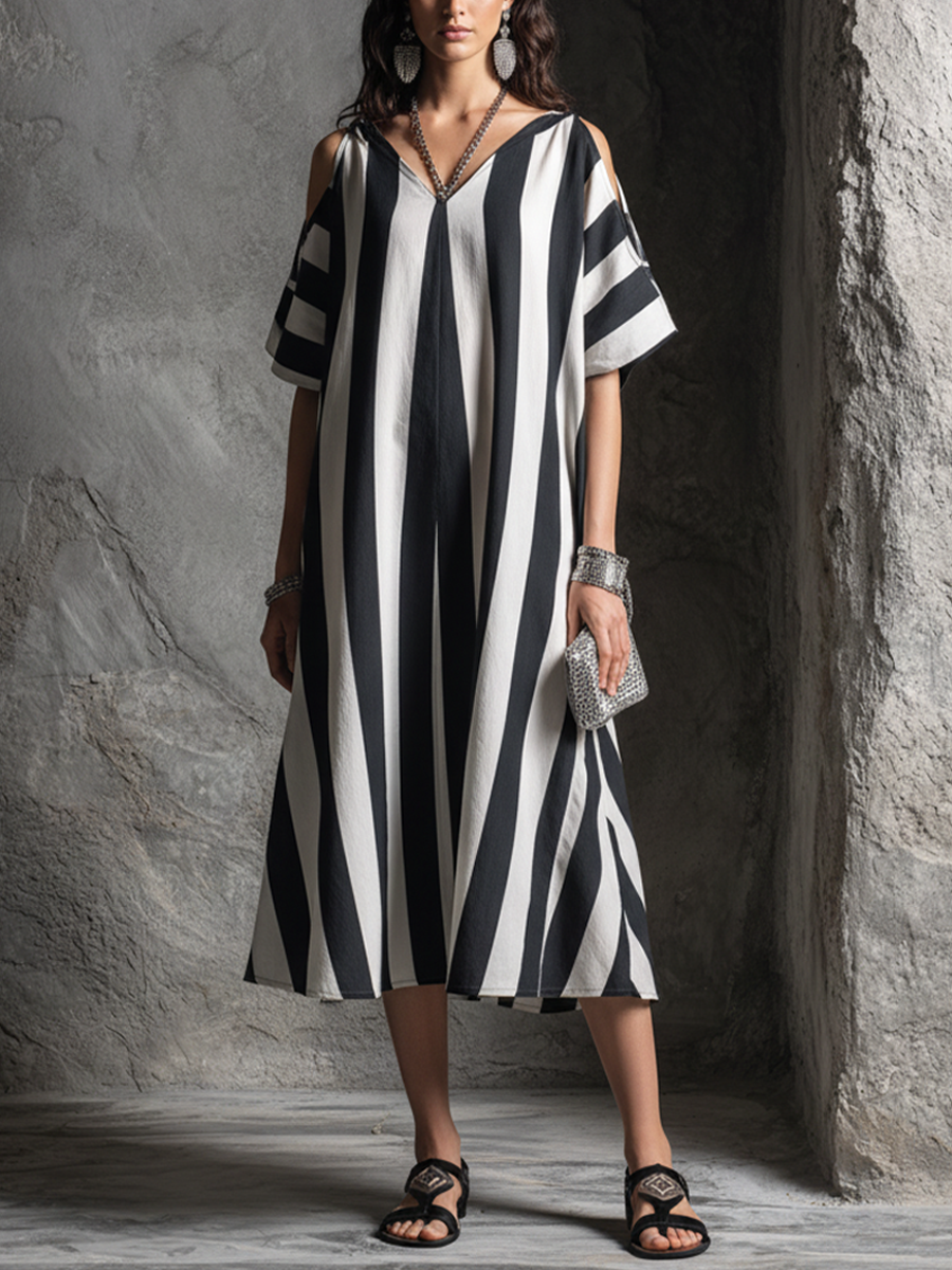 Women's Casual Resort Black And White Striped Cotton Blend V-Neck Off-Shoulder Short-Sleeve Midi Dress MDZ1670F9GMJ