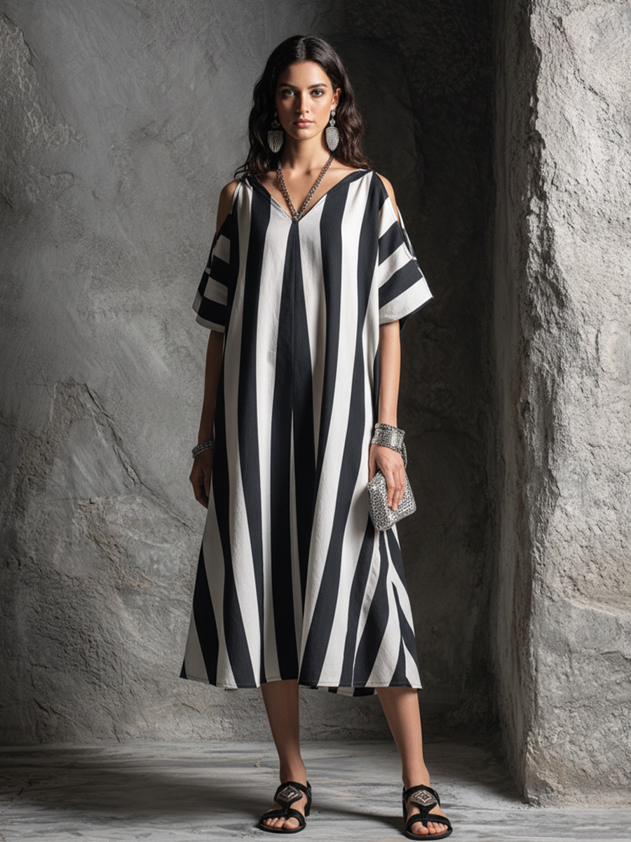 Women's Casual Resort Black And White Striped Cotton Blend V-Neck Off-Shoulder Short-Sleeve Midi Dress MDZ1670F9GMJ