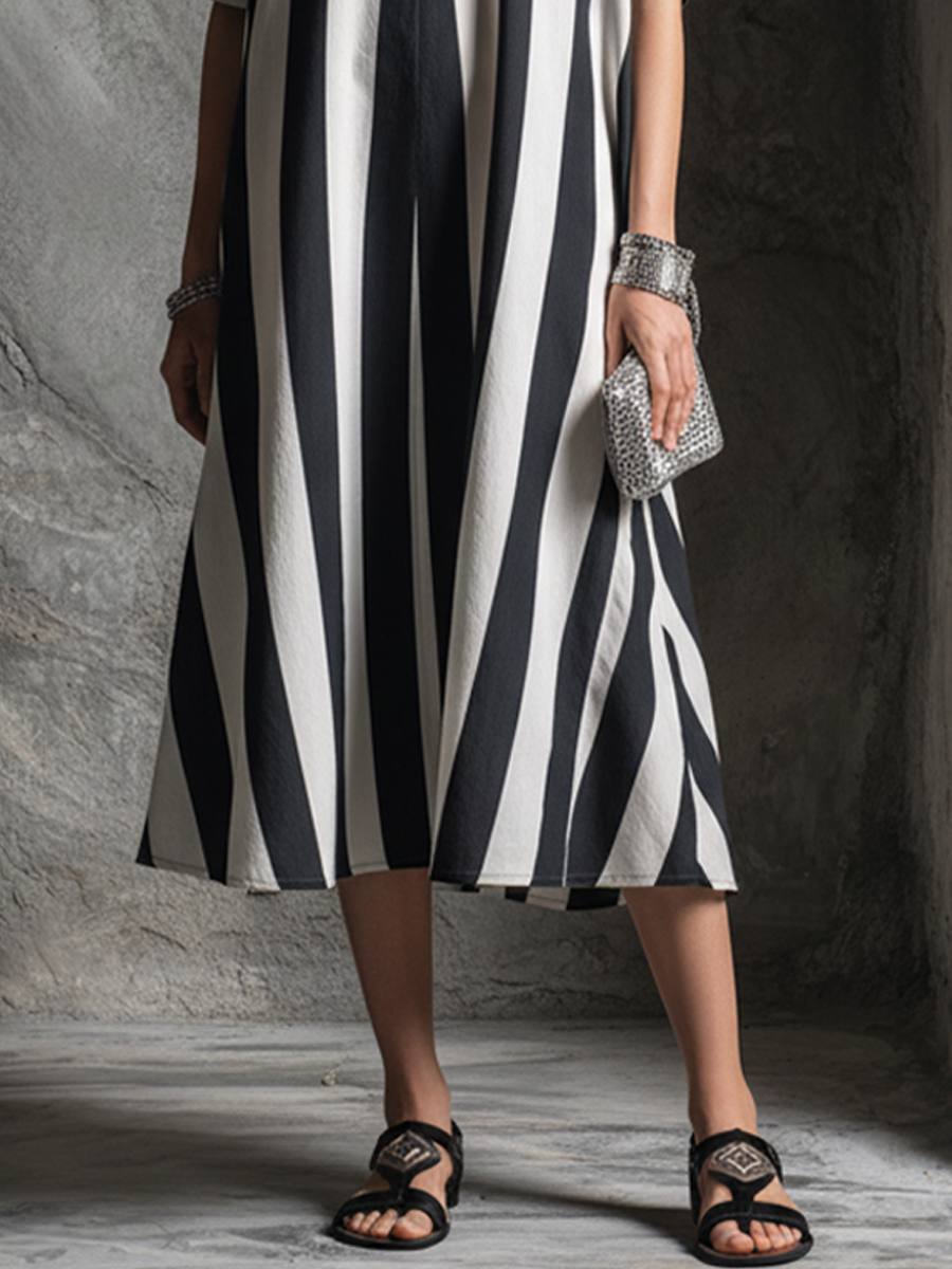 Women's Casual Resort Black And White Striped Cotton Blend V-Neck Off-Shoulder Short-Sleeve Midi Dress MDZ1670F9GMJ