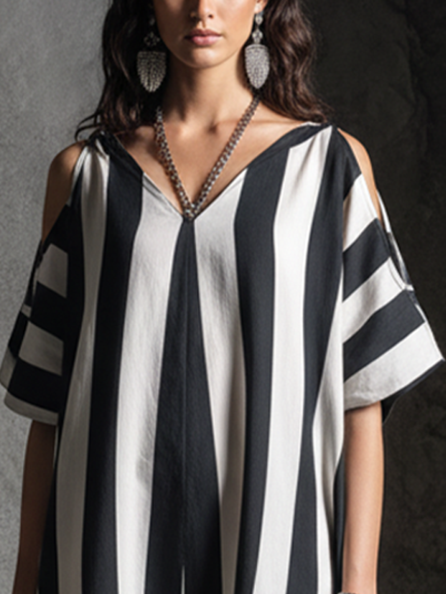 Women's Casual Resort Black And White Striped Cotton Blend V-Neck Off-Shoulder Short-Sleeve Midi Dress MDZ1670F9GMJ