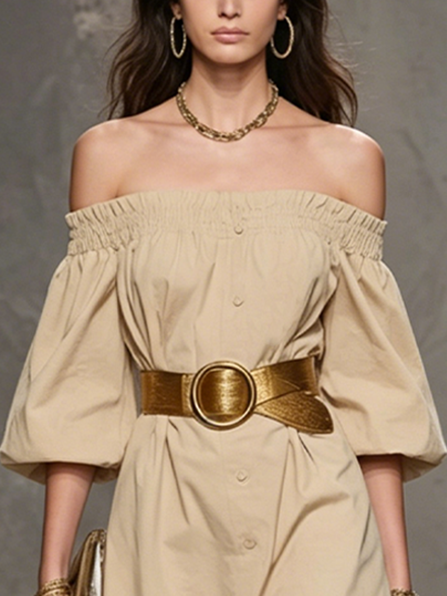 Women's French-style Khaki Cotton Blend Off-shoulder Puff Sleeve Button-down Short Dress (Belt Not Included) MDZ1672F6GMJ