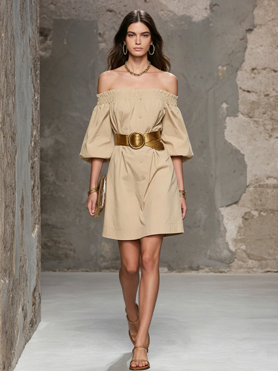 Women's French-style Khaki Cotton Blend Off-shoulder Puff Sleeve Button-down Short Dress (Belt Not Included) MDZ1672F6GMJ