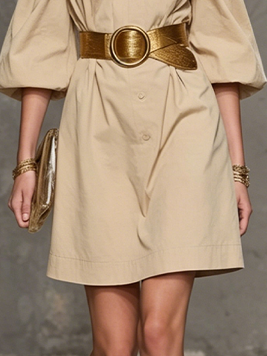 Women's French-style Khaki Cotton Blend Off-shoulder Puff Sleeve Button-down Short Dress (Belt Not Included) MDZ1672F6GMJ