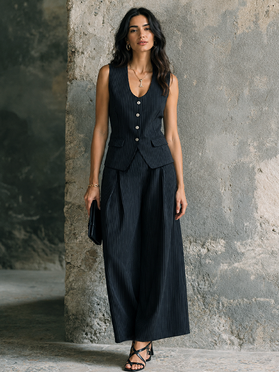 Women's Commuter Style Black And White Pinstripe Cotton Blend Suit V-Neck Vest And Skirt Set MDZ1686F6GMJ
