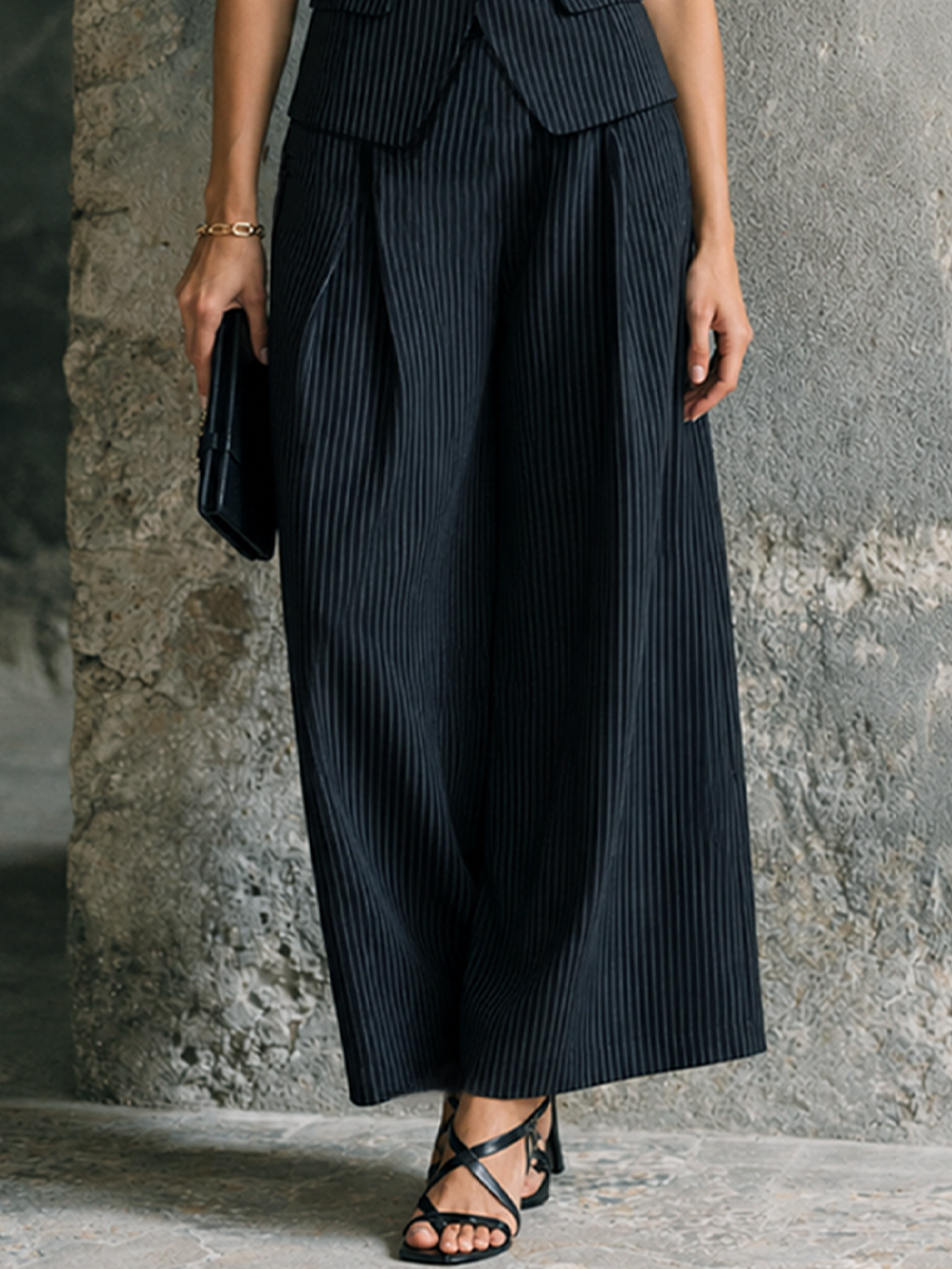 Women's Commuter Style Black And White Pinstripe Cotton Blend Suit V-Neck Vest And Skirt Set MDZ1686F6GMJ