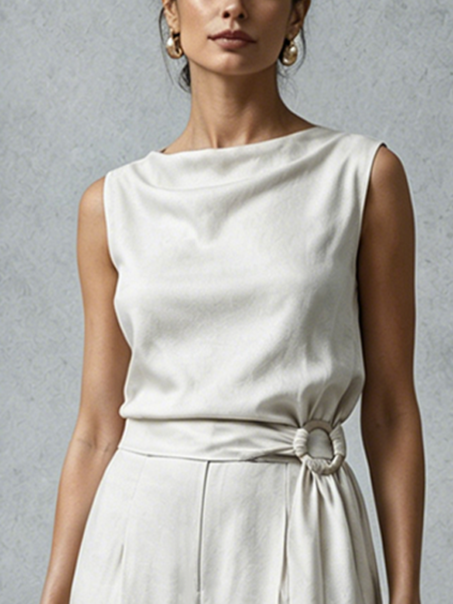 Women's Relaxed Style Off-White Cotton Linen Culottes With Round Neck And Tie-Up Sleeveless Wide-Leg Jumpsuit MDZ1652F3GMJ